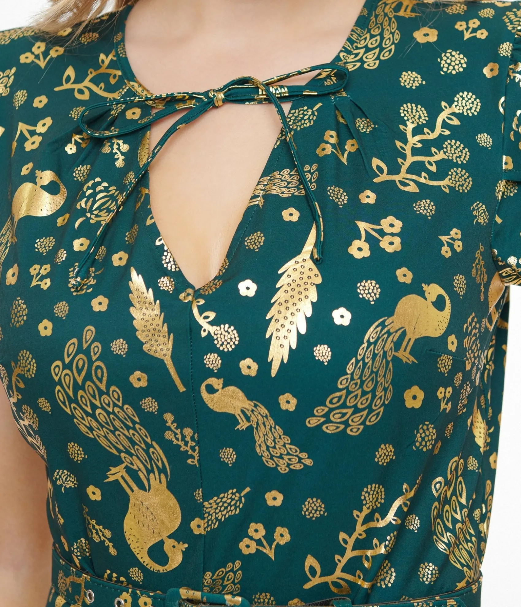 Unique Vintage 1940s Green & Gold Peacock Print Dahlia Swing Dress Best