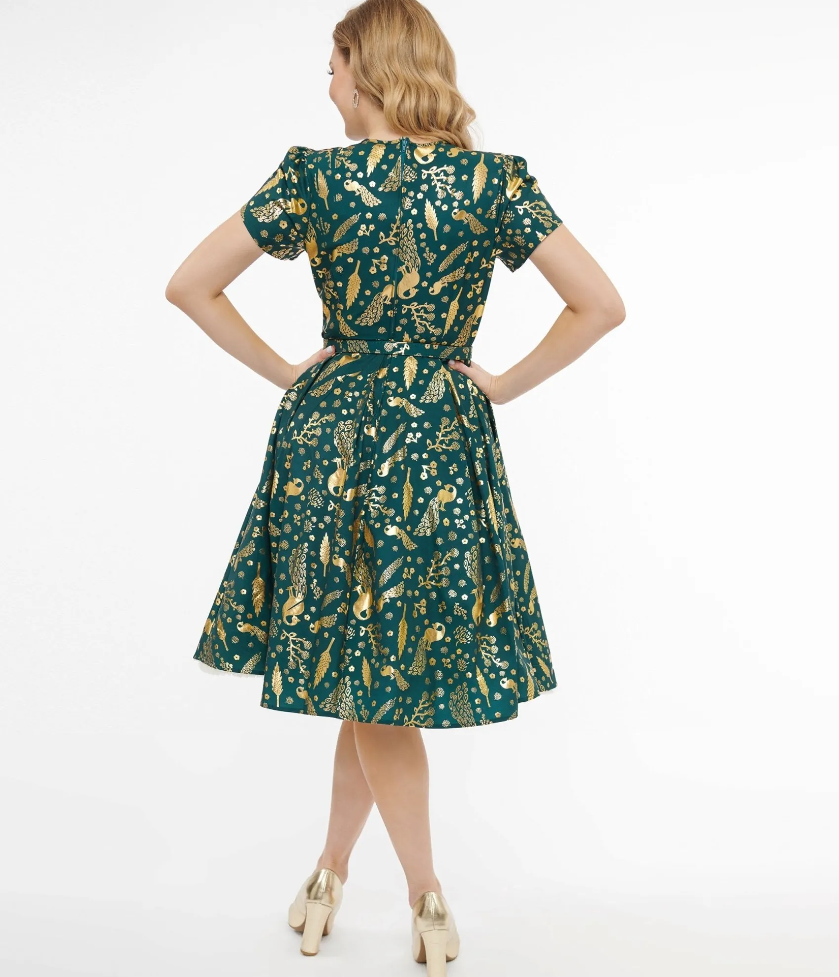Unique Vintage 1940s Green & Gold Peacock Print Dahlia Swing Dress Best