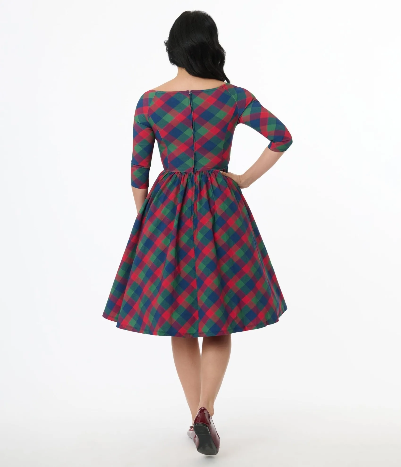 Unique Vintage 1950s Green & Red Plaid Sweetheart Swing Dress Clearance
