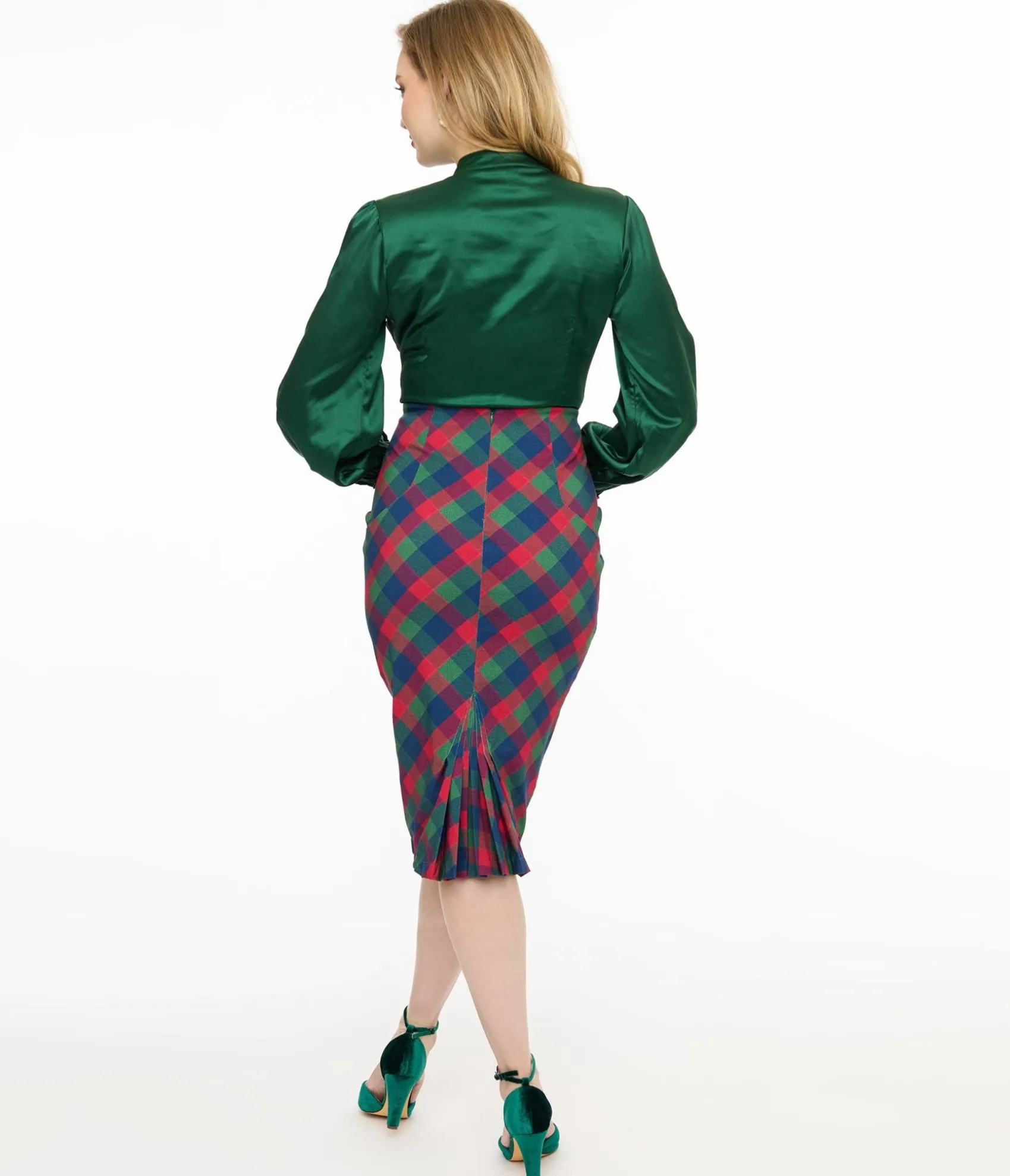 Unique Vintage 1950s Green & Red Plaid Tracy Pencil Skirt Sale