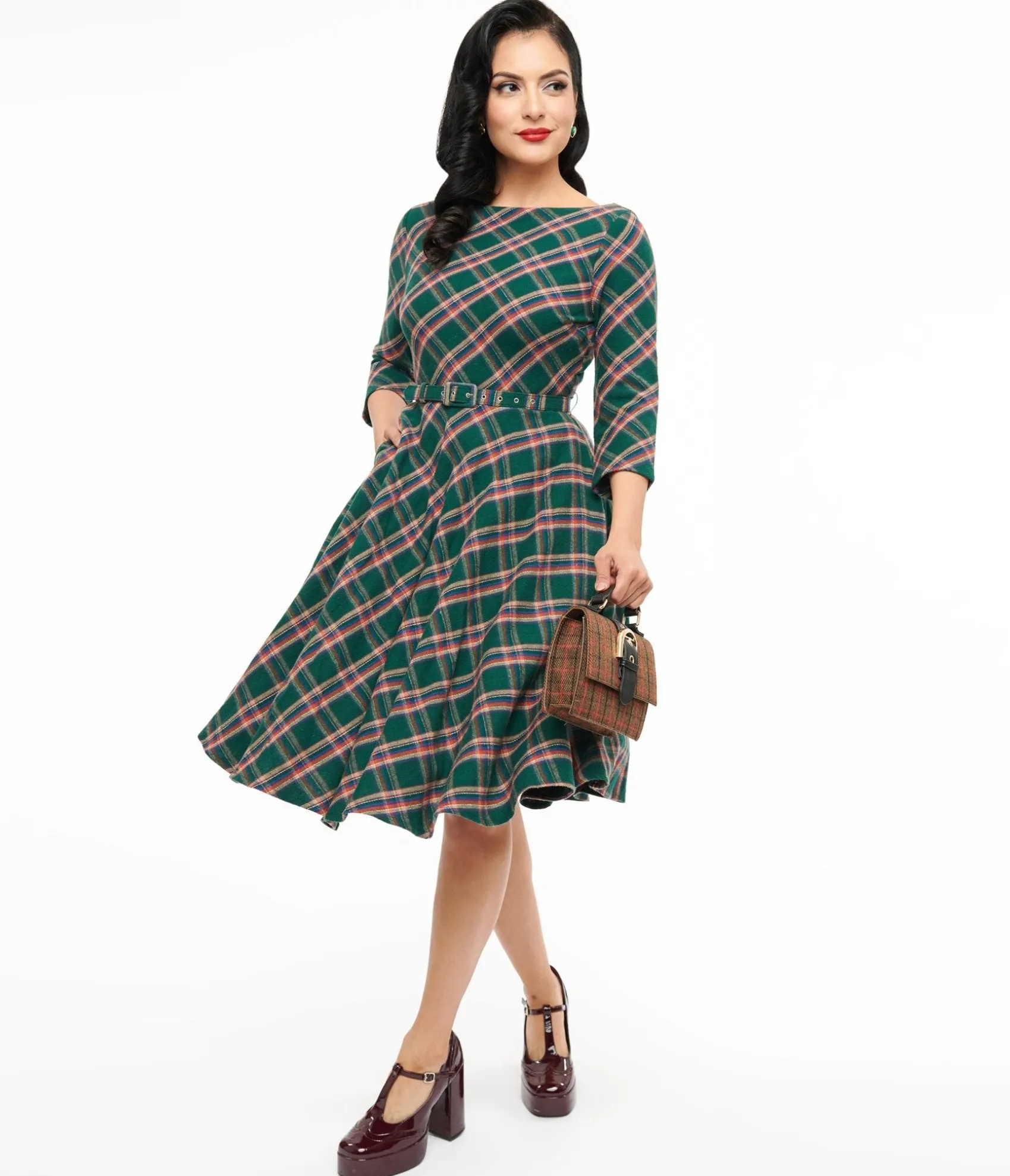 Unique Vintage 1950s Green & Tan Plaid Devon Swing Dress Outlet