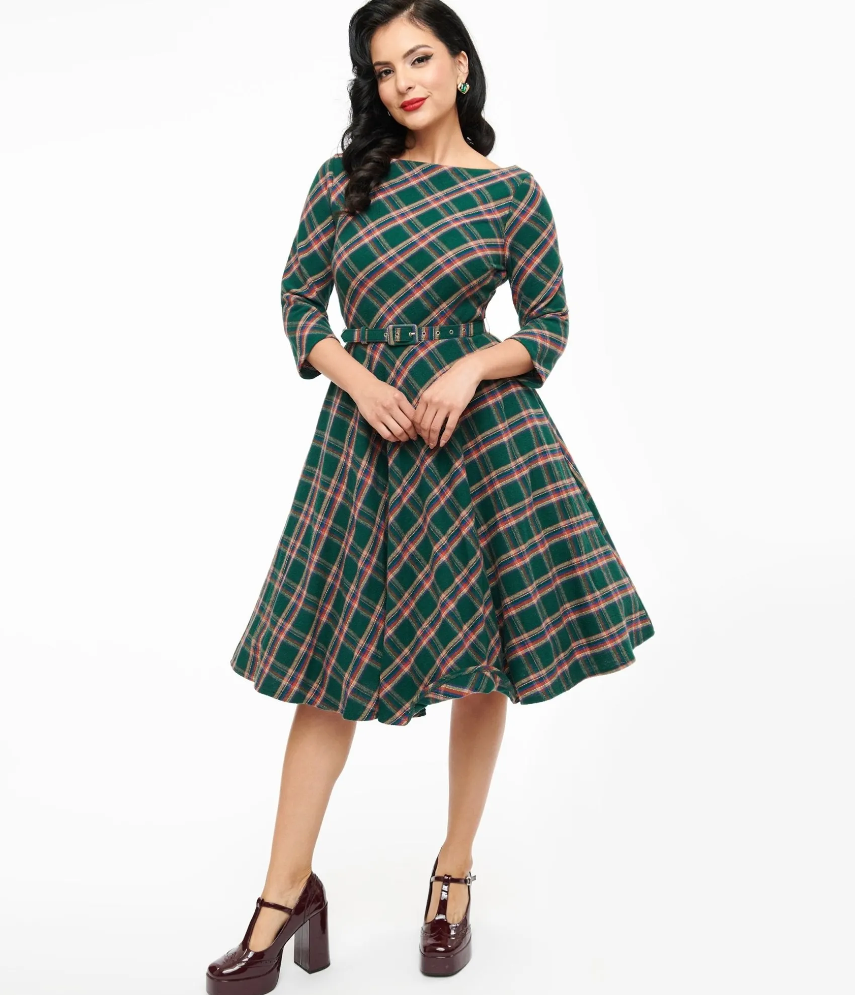 Unique Vintage 1950s Green & Tan Plaid Devon Swing Dress Outlet