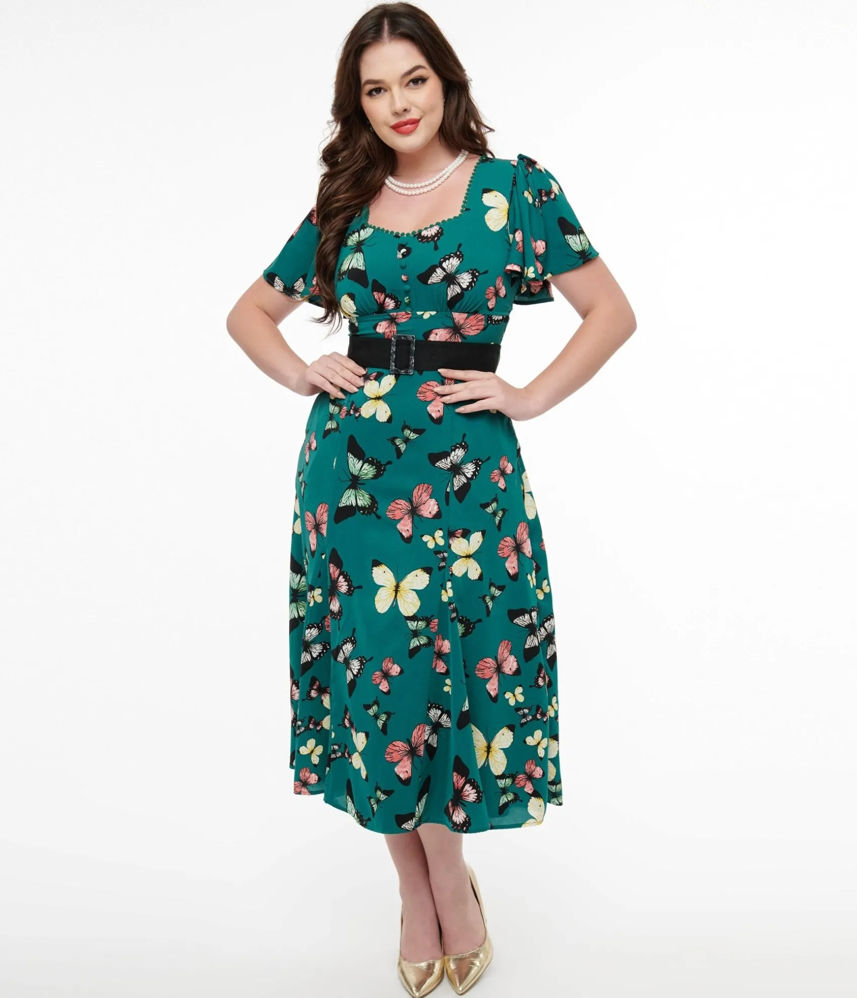 Unique Vintage 1940s Green Butterfly Print Midi Dress Clearance