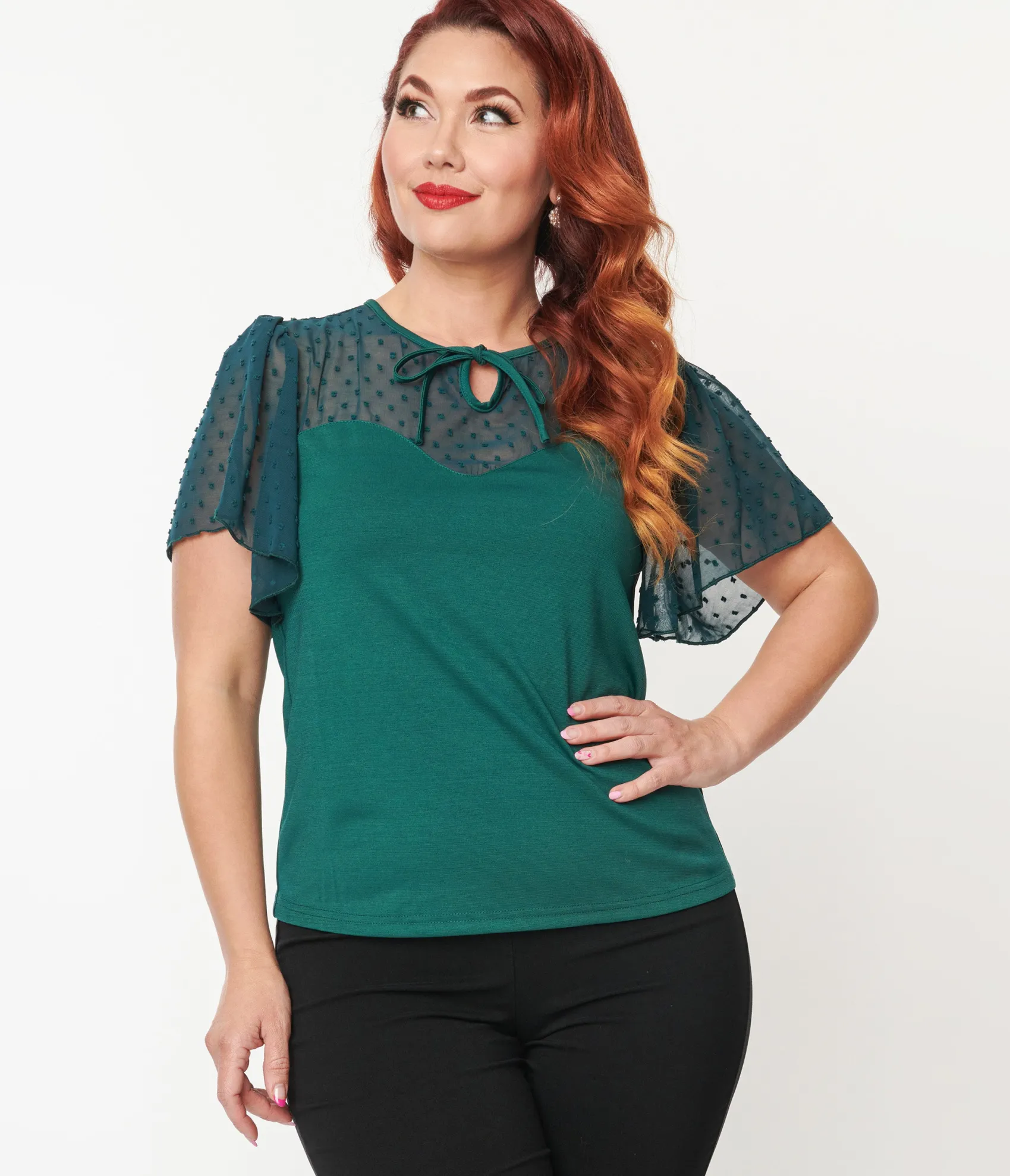Unique Vintage 1950s Green Clipdot Flutter Sleeve Sweetheart Top Cheap