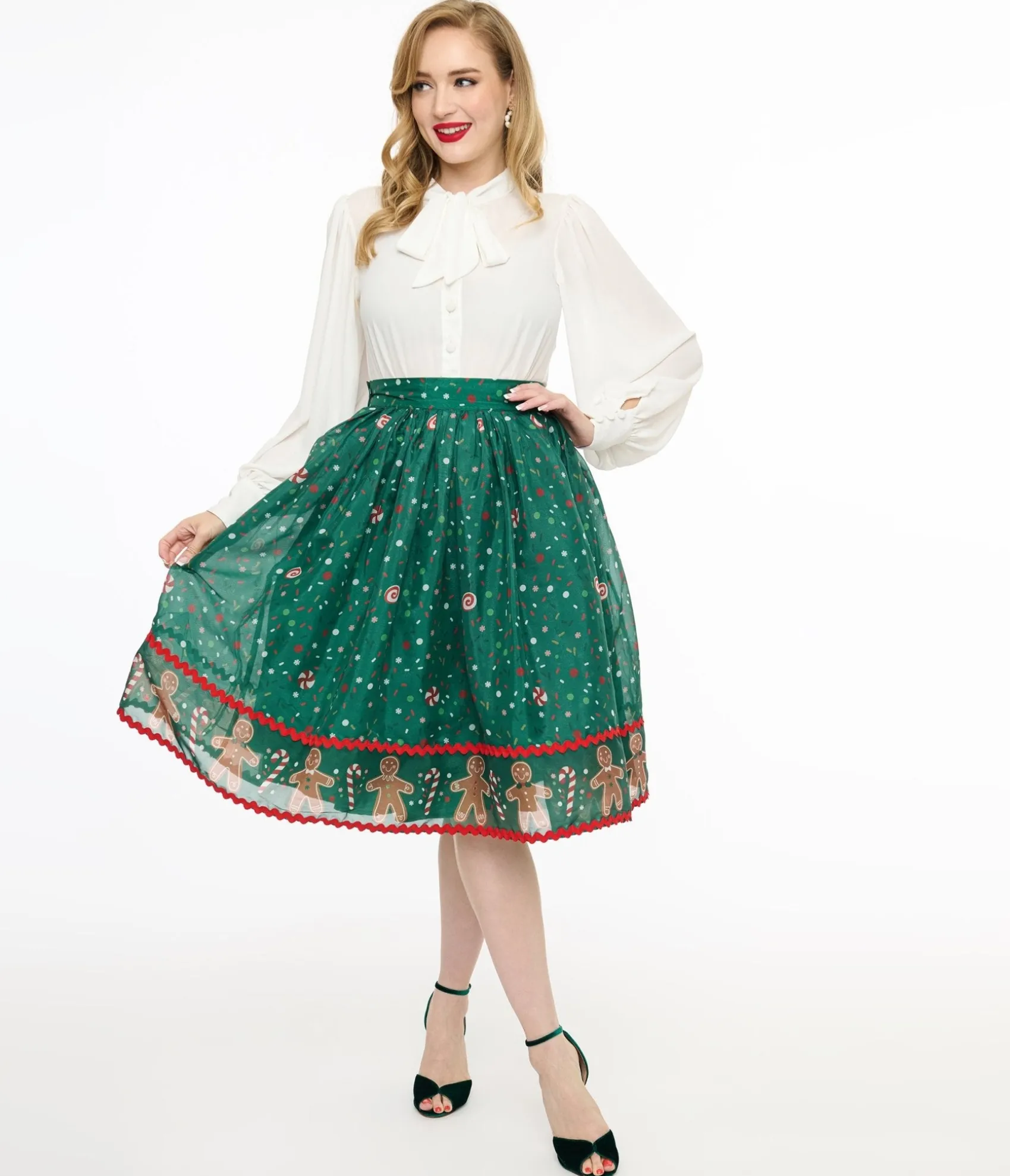 Unique Vintage 1950s Green Gingerbread Border Brilliance Swing Skirt New