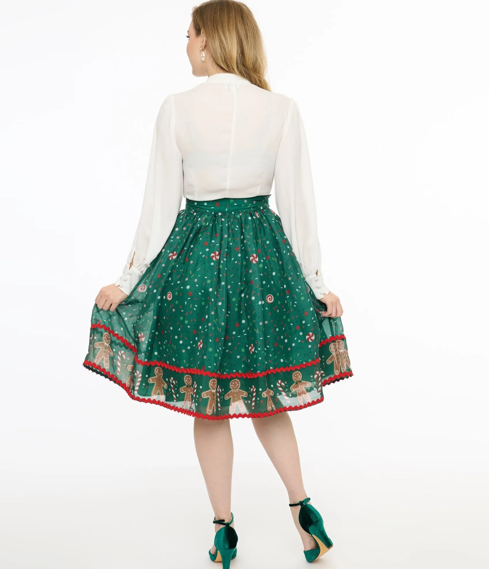 Unique Vintage 1950s Green Gingerbread Border Brilliance Swing Skirt New