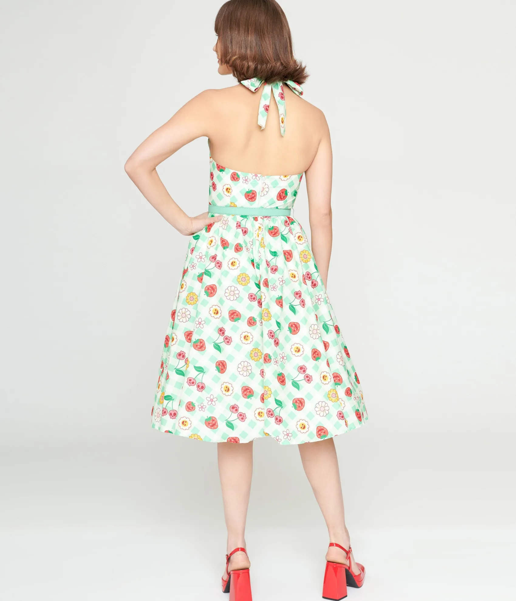 Unique Vintage 1950s Green Gingham Spooky Fruit Print Halter Swing Dress Outlet