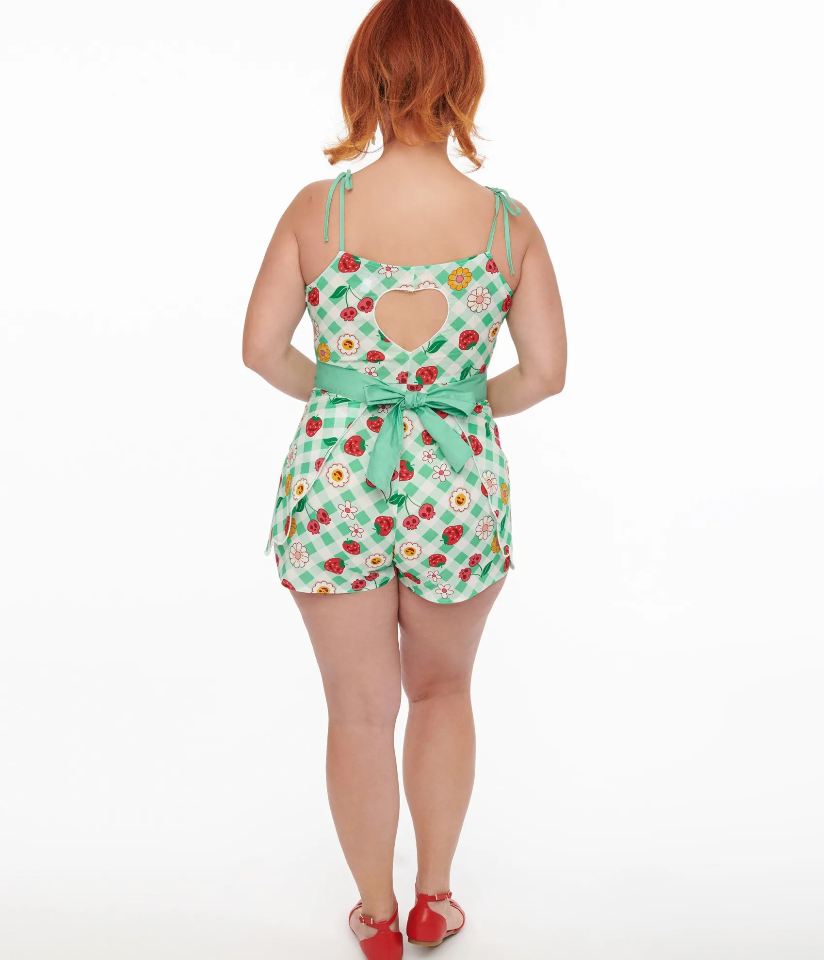 Unique Vintage 1950s Green Gingham Spooky Fruit Print Romper & Skirt Set Hot