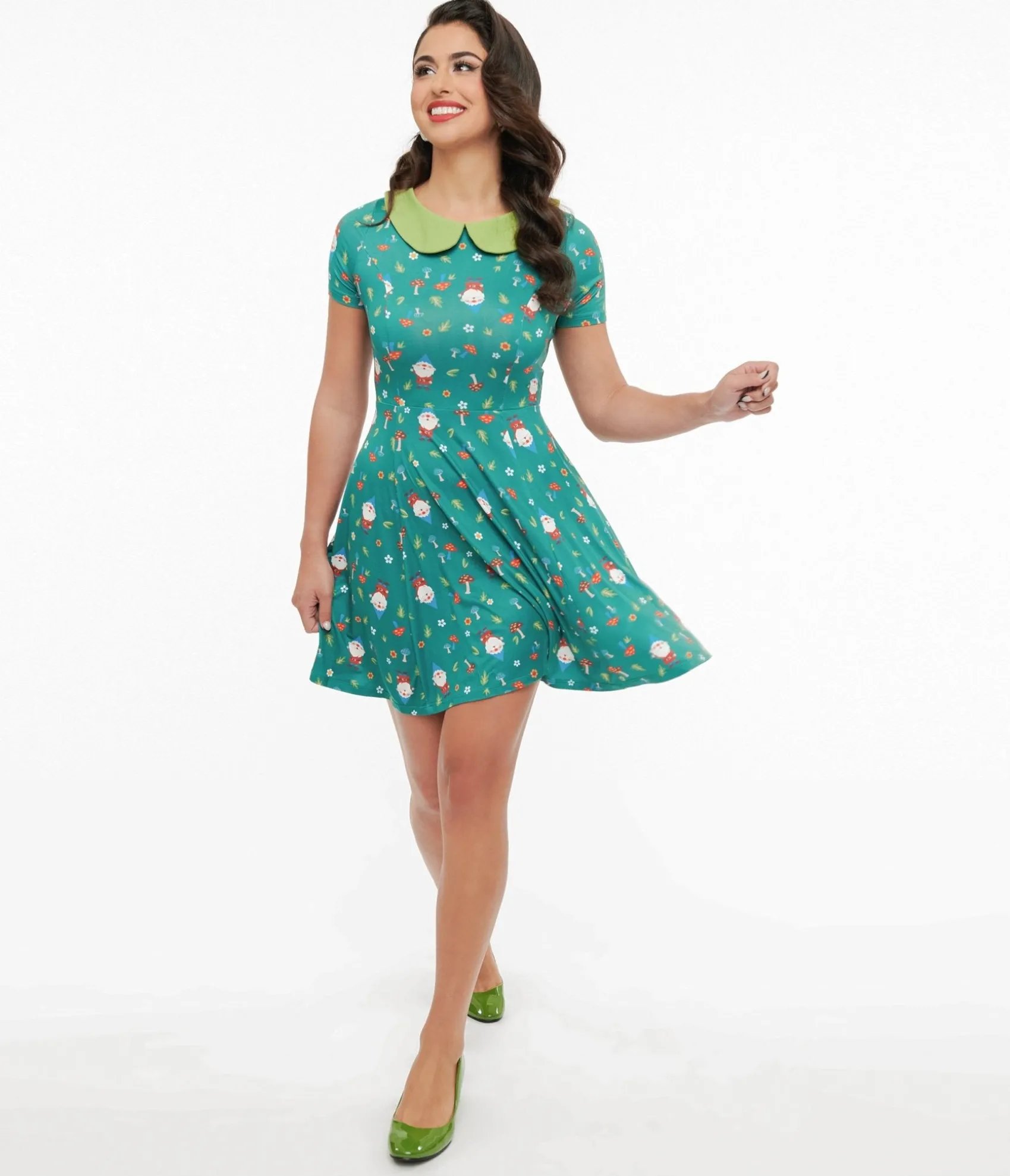 Unique Vintage 1950s Green Gnome Print Fit & Flare Dress Cheap