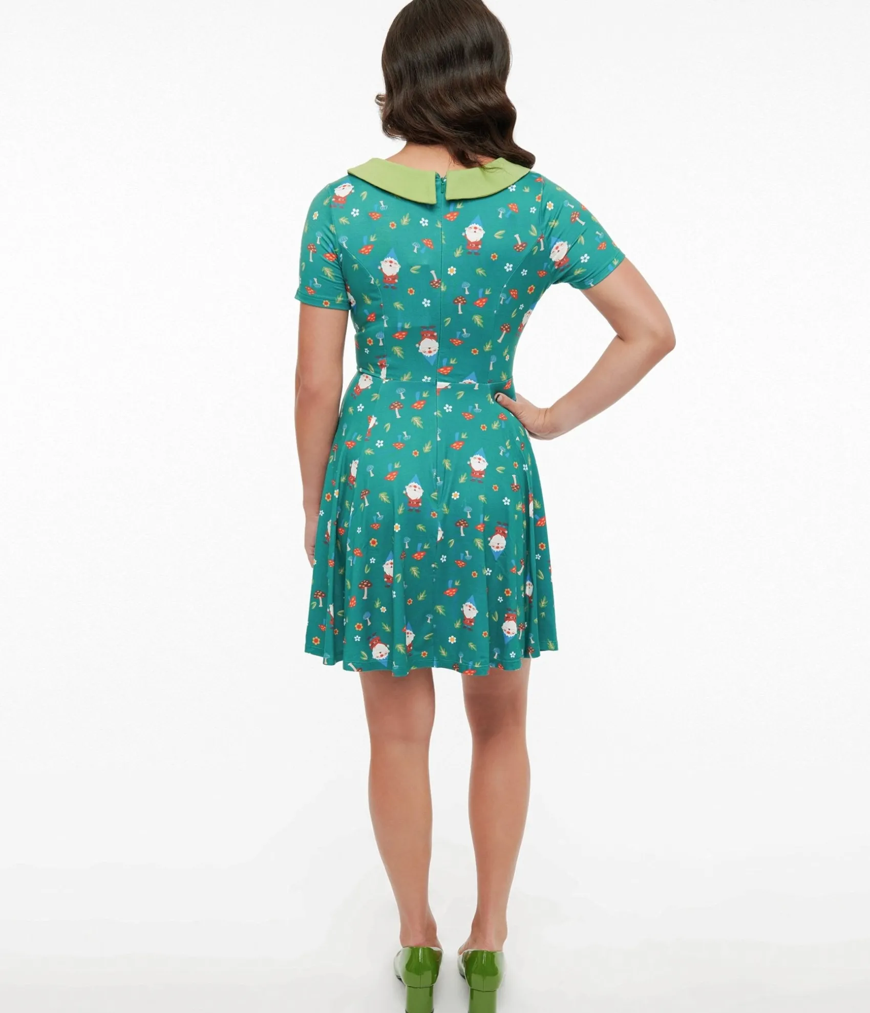 Unique Vintage 1950s Green Gnome Print Fit & Flare Dress Cheap