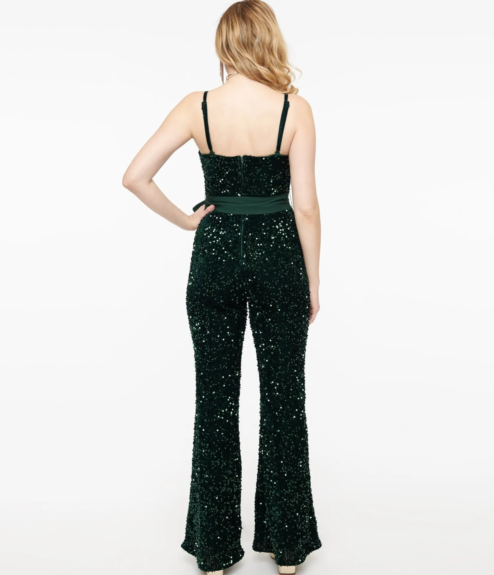 Unique Vintage 1960s Green Sequin Flare Jumpsuit New