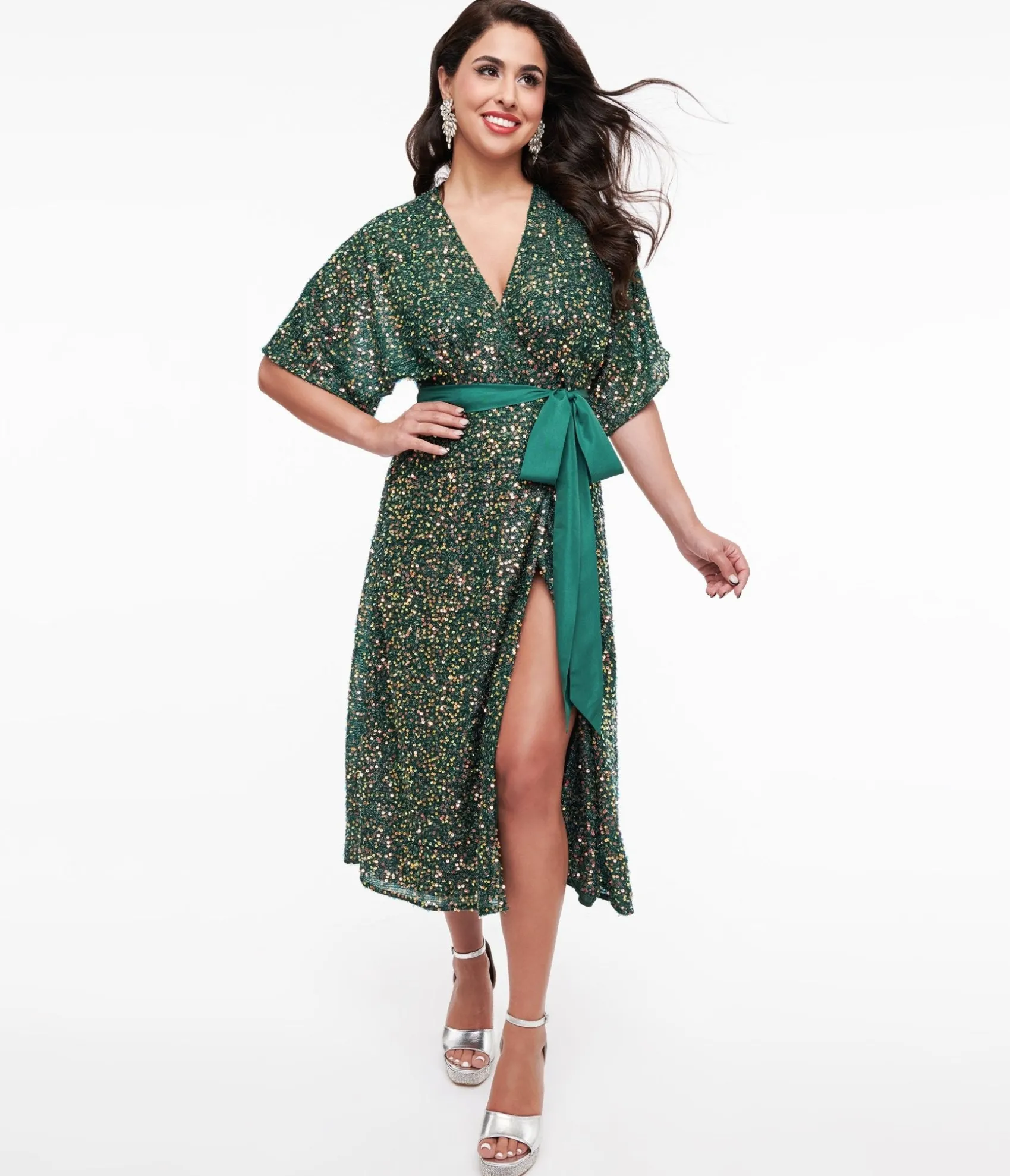 Unique Vintage 1960s Green Sequin Wrap Midi Dress Store