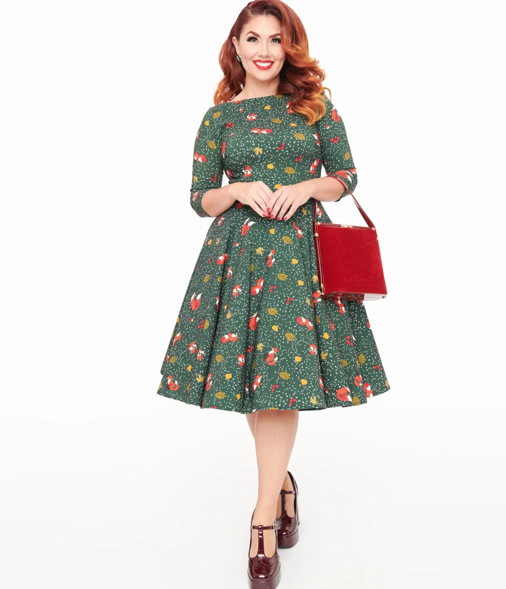 Unique Vintage 1950s Green Winter Fox Devon Swing Dress Outlet