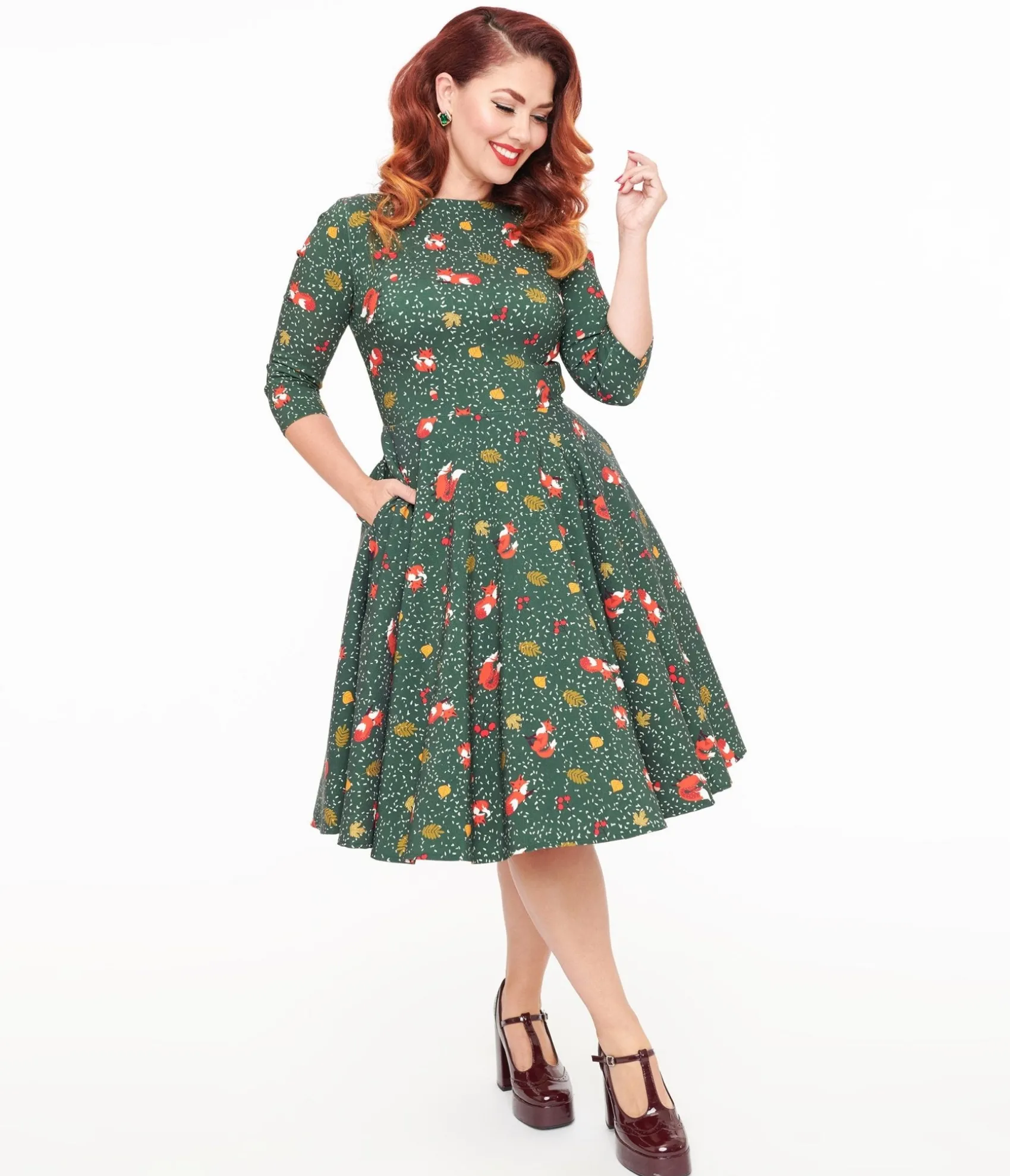 Unique Vintage 1950s Green Winter Fox Devon Swing Dress Outlet