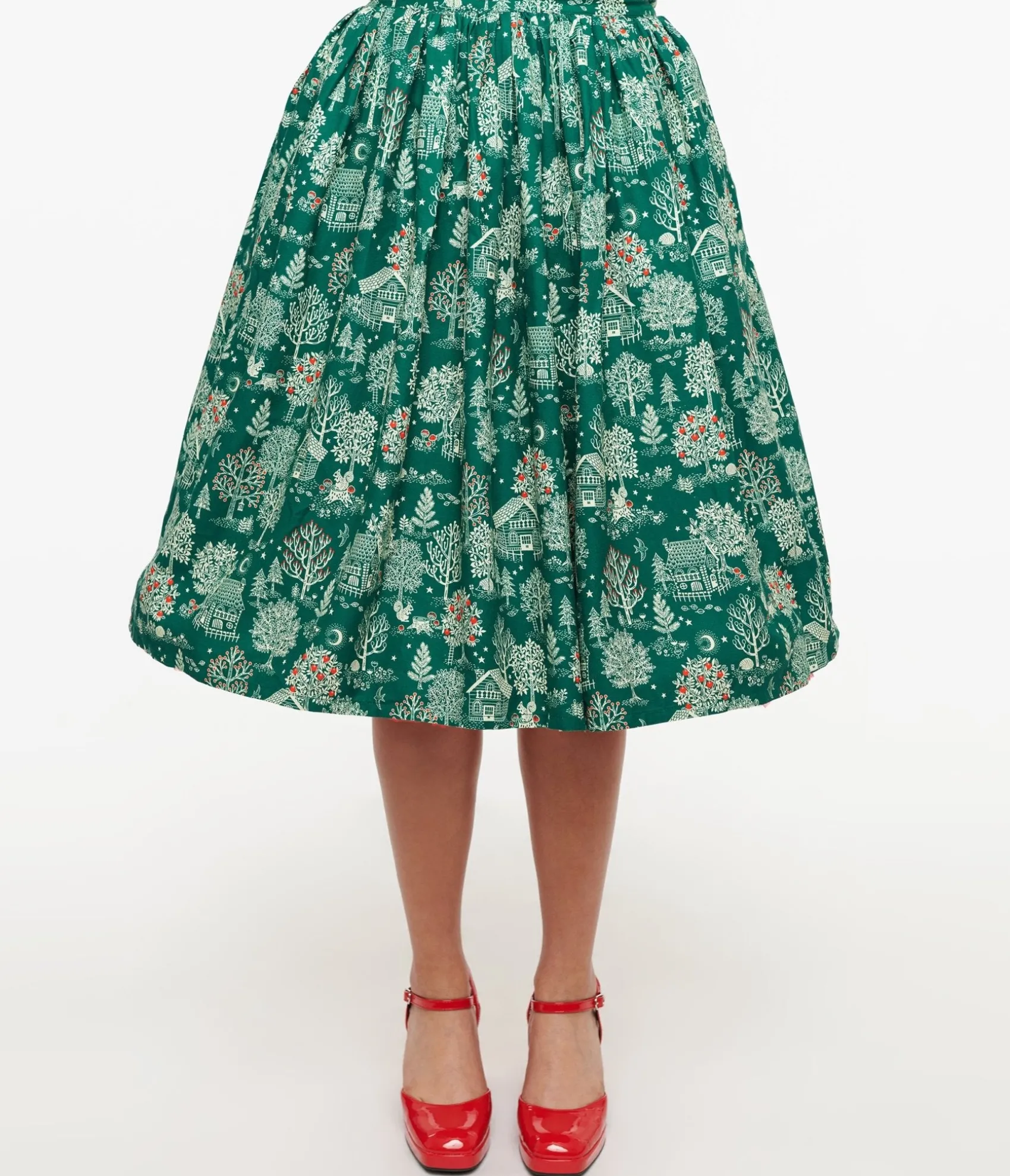 Unique Vintage 1950s Green Winter Print Gellar Swing Skirt Outlet