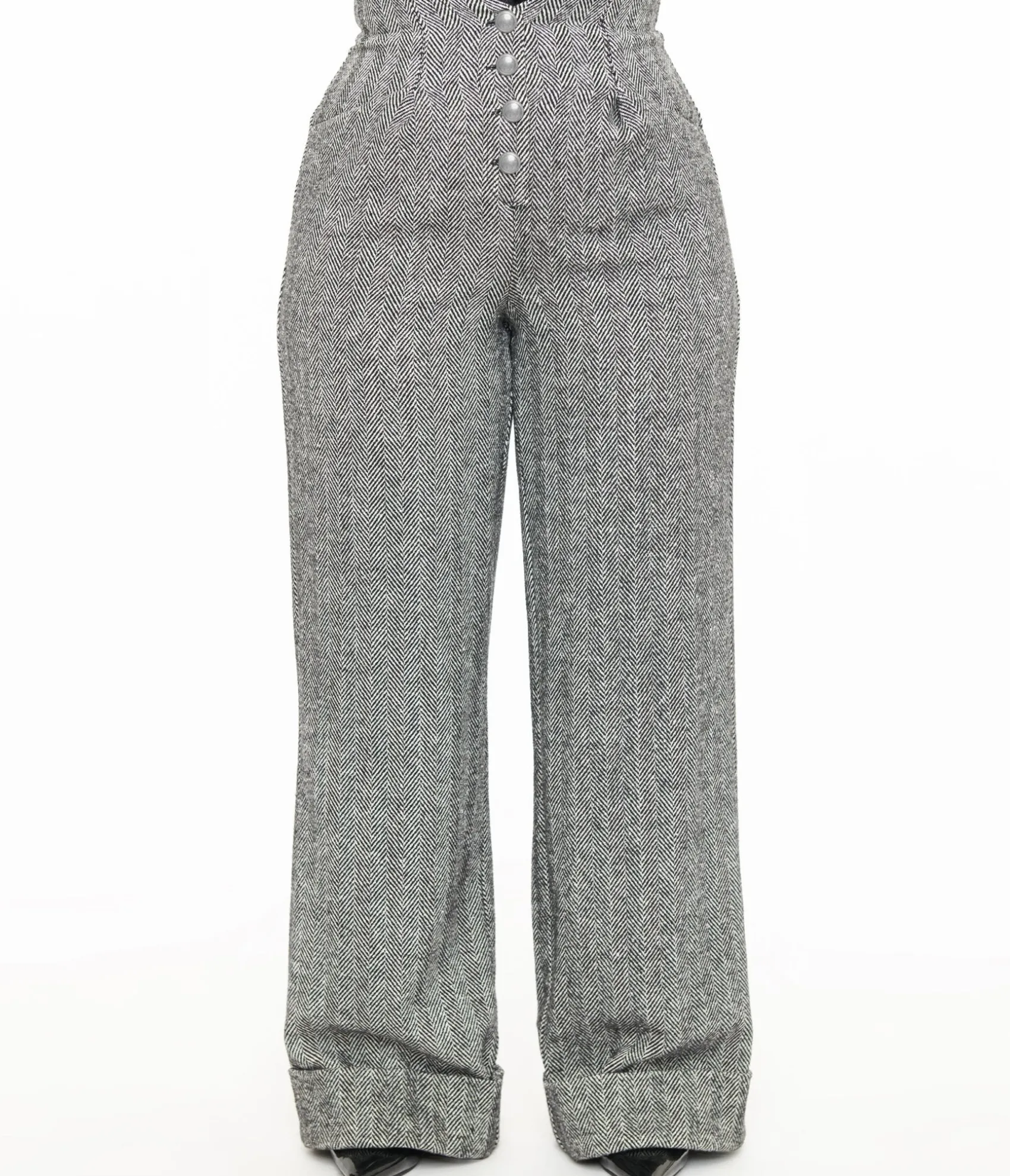 Unique Vintage 1940s Grey Herringbone Buttoned Wide Leg Trousers Shop