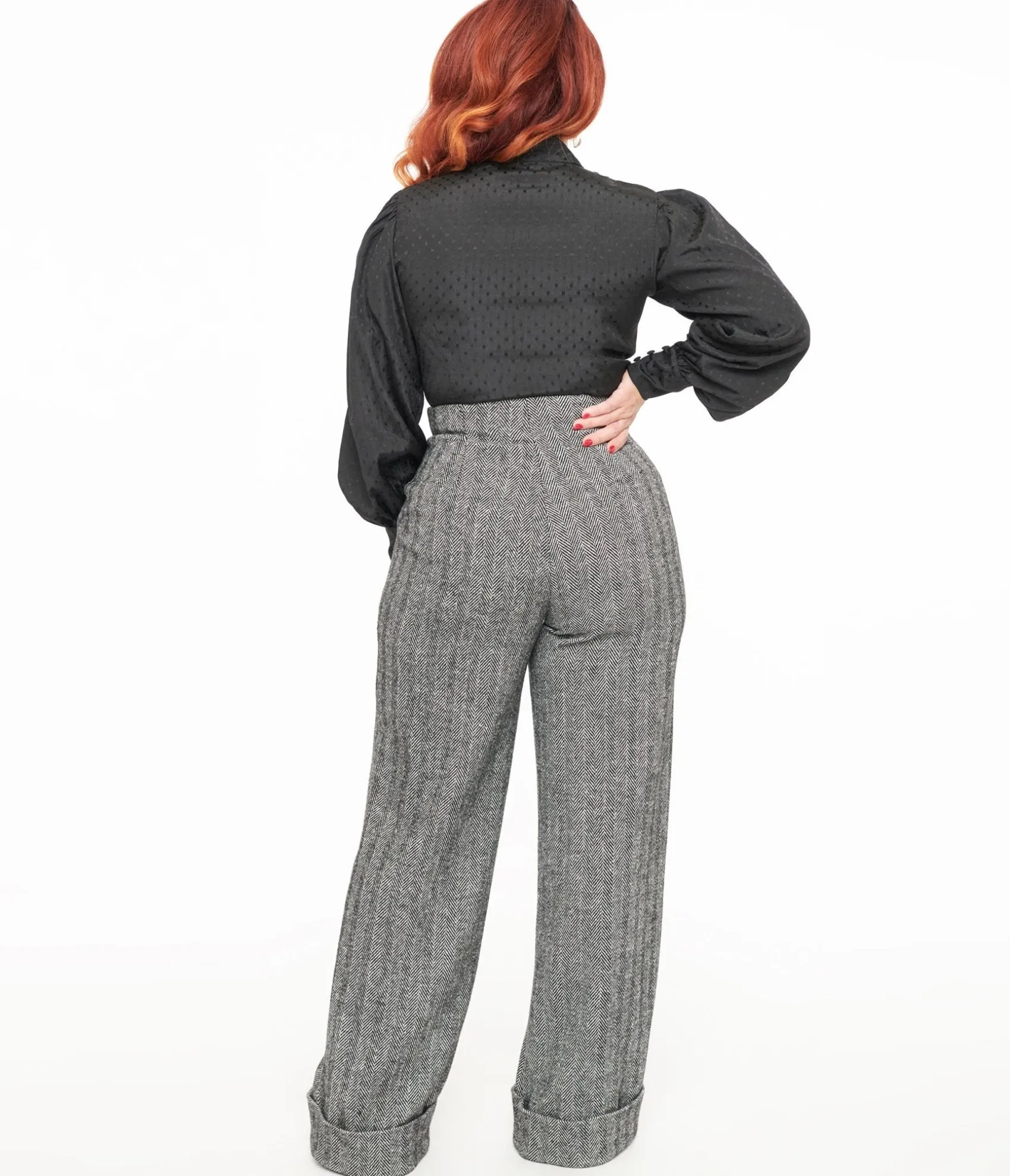 Unique Vintage 1940s Grey Herringbone Buttoned Wide Leg Trousers Shop