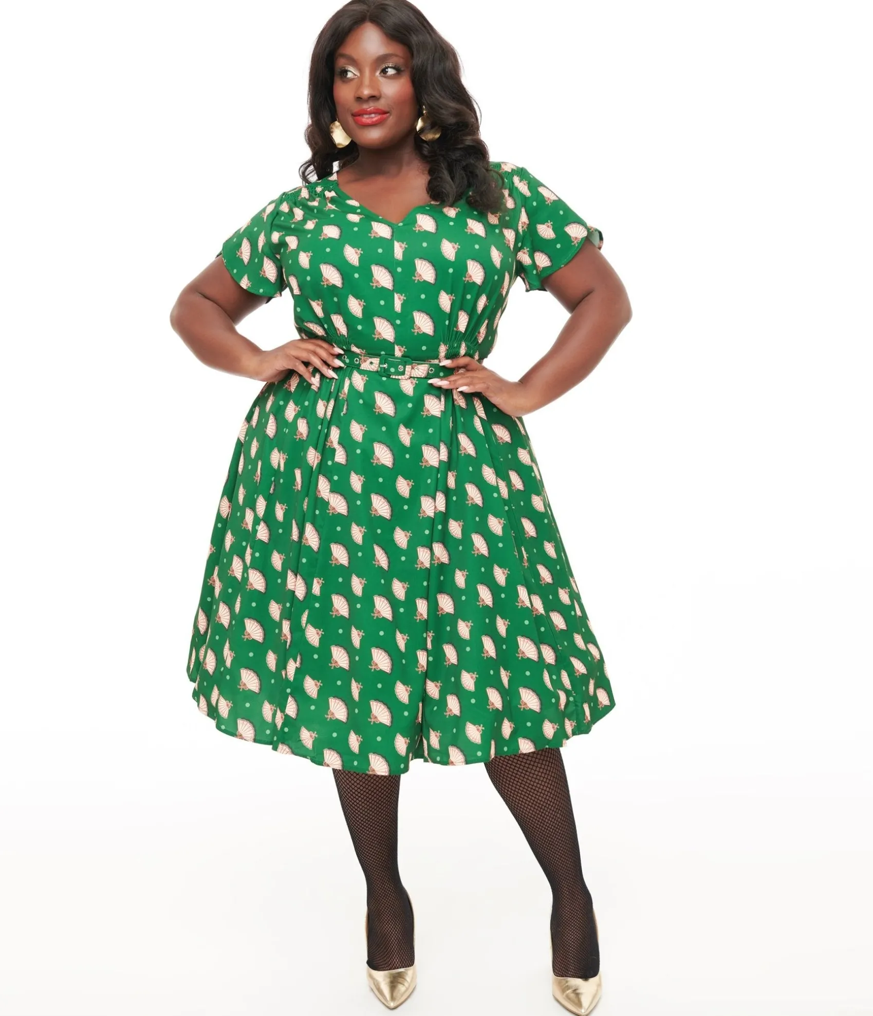 Unique Vintage 1940s Hunter Green Fan Print Tulip Sleeve Swing Dress Cheap