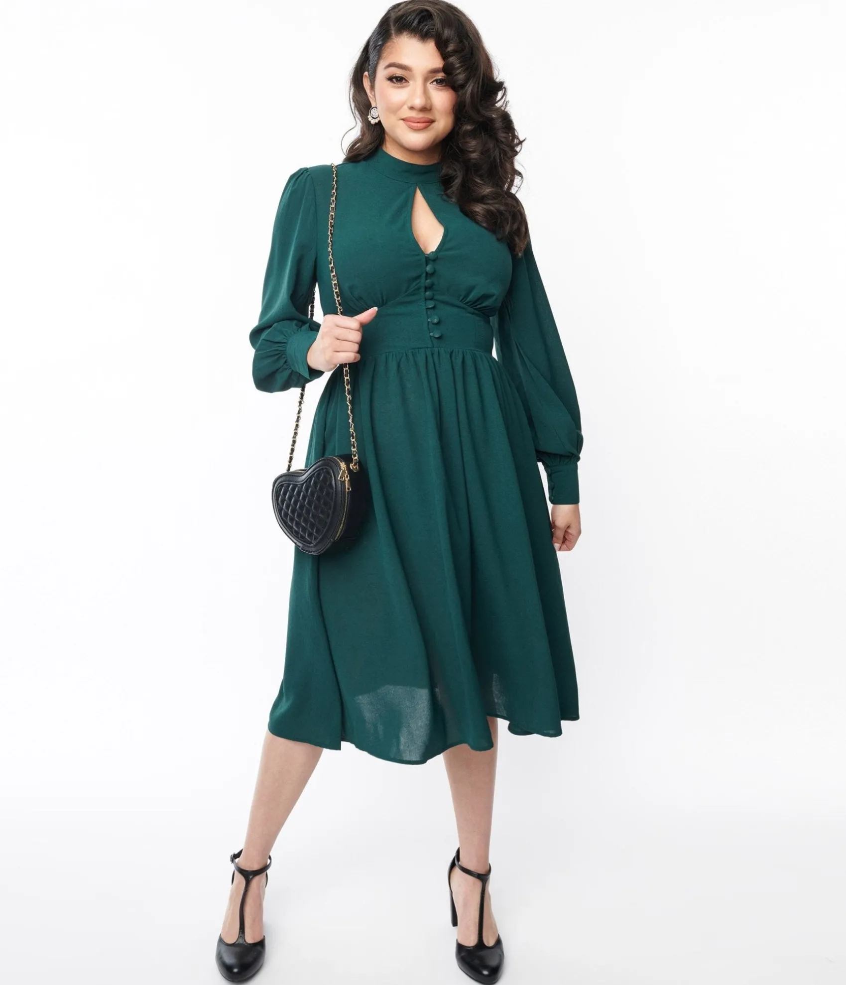 Unique Vintage 1970s Hunter Green Keyhole Swing Dress New