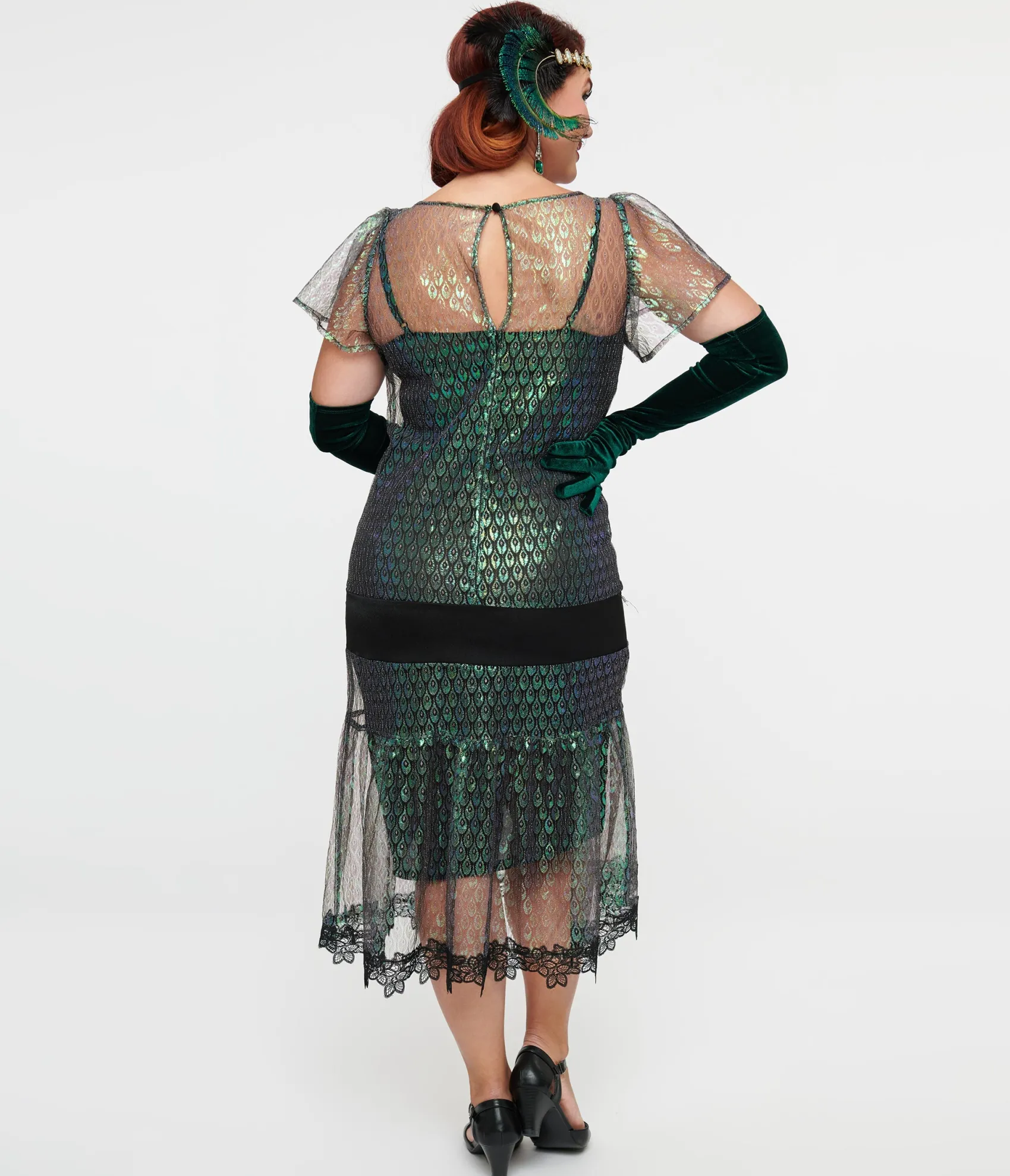 Unique Vintage 1920s Iridescent Peacock & Black Bow Flapper Dress Fashion
