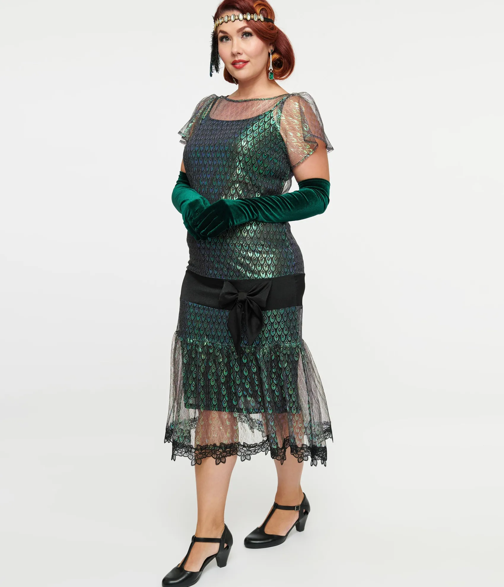 Unique Vintage 1920s Iridescent Peacock & Black Bow Flapper Dress Fashion