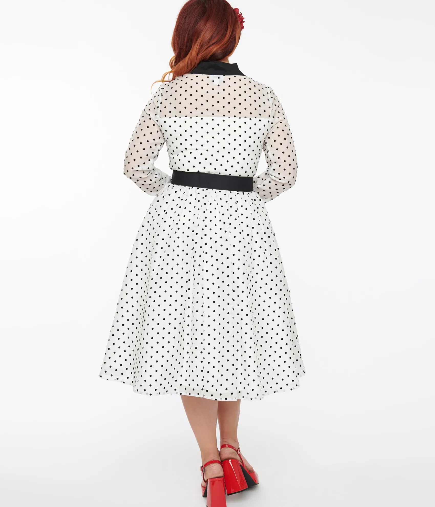 Unique Vintage 1950s Ivory & Black Polka Dot Tulle Swing Dress Flash Sale