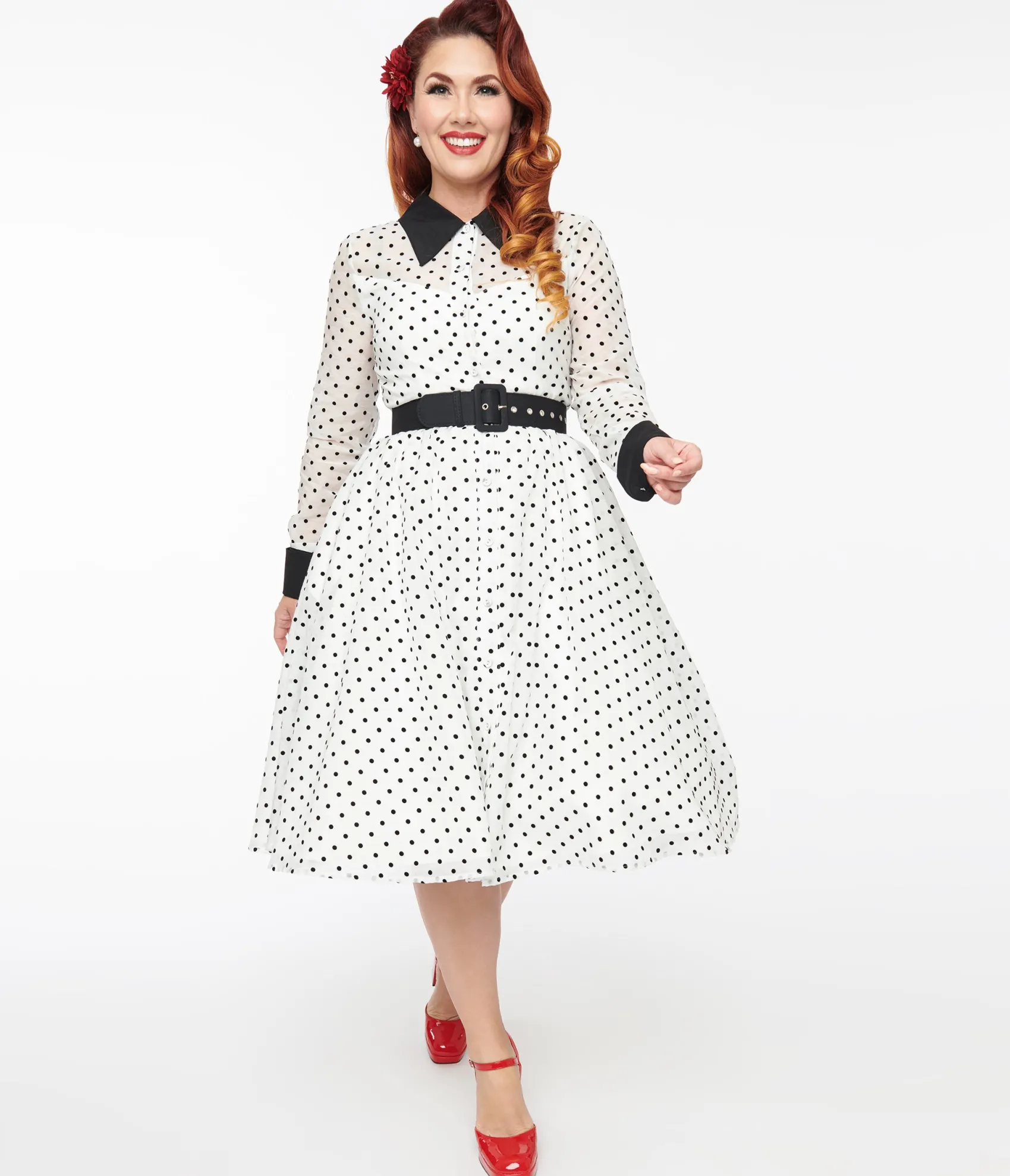 Unique Vintage 1950s Ivory & Black Polka Dot Tulle Swing Dress Flash Sale