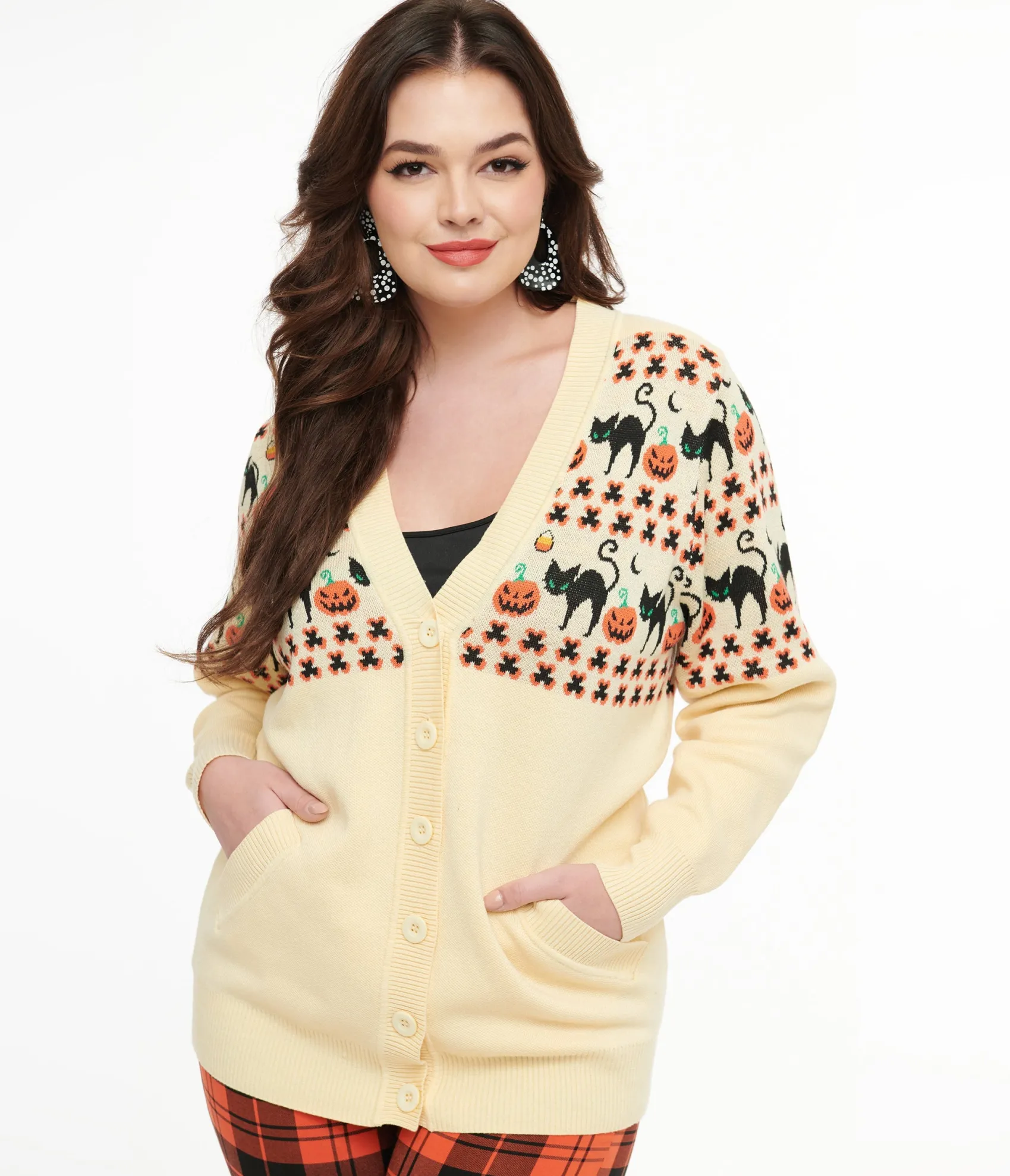 Unique Vintage 1960s Ivory & Orange Halloween Print Cardigan Hot