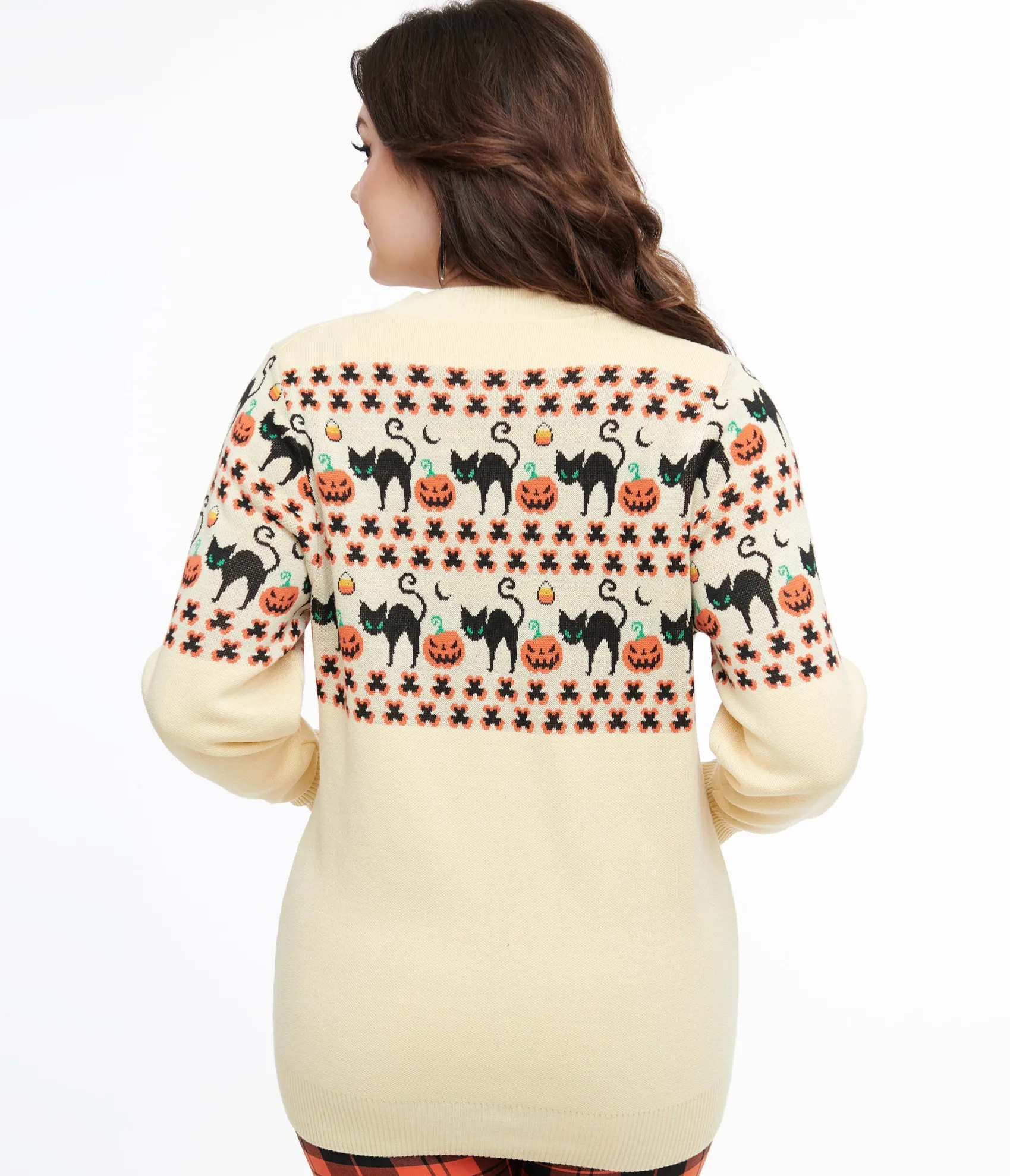 Unique Vintage 1960s Ivory & Orange Halloween Print Cardigan Hot