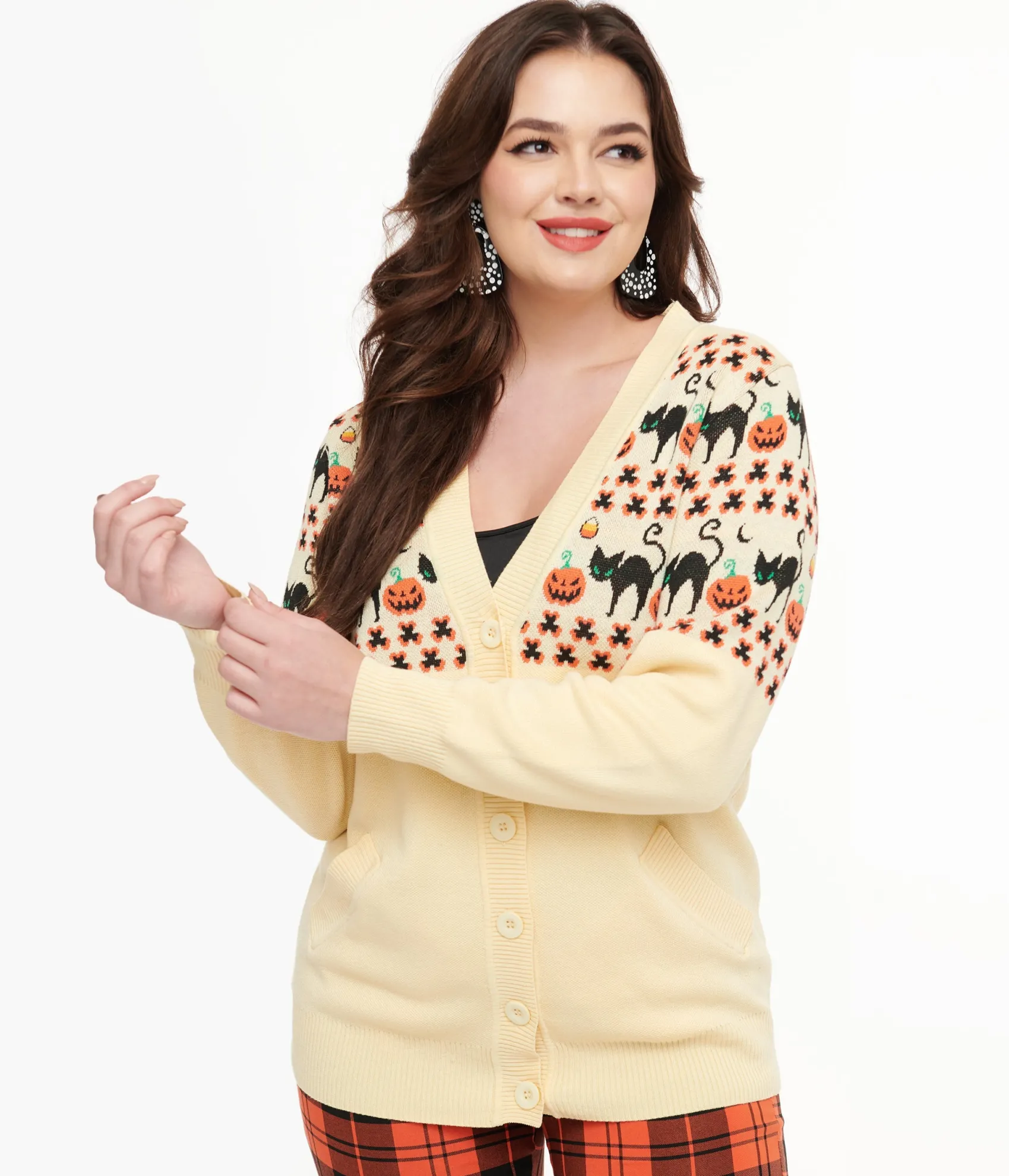 Unique Vintage 1960s Ivory & Orange Halloween Print Cardigan Hot