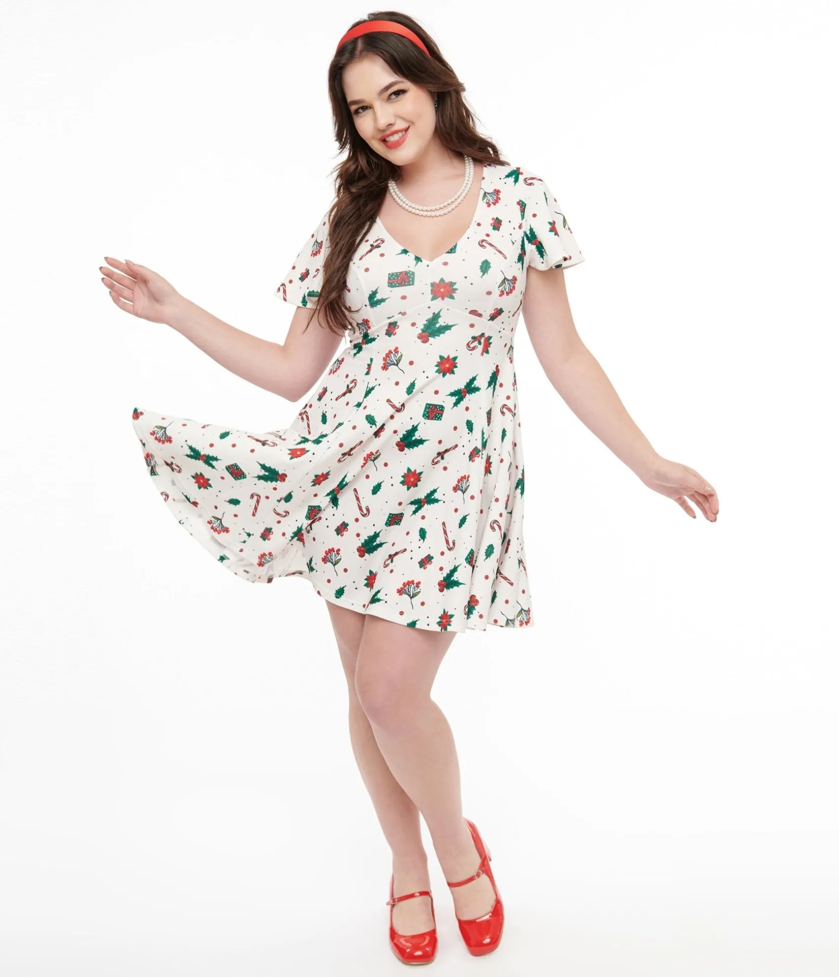 Unique Vintage 1950s Ivory Christmas Print Poppy Flare Dress Fashion