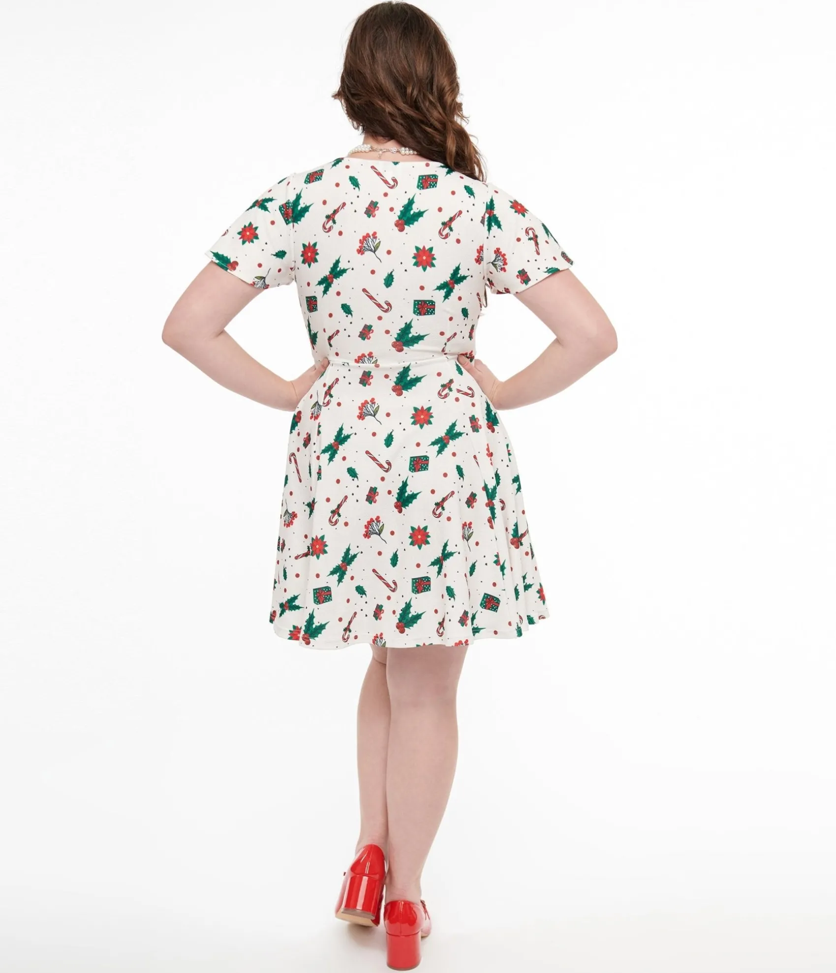Unique Vintage 1950s Ivory Christmas Print Poppy Flare Dress Fashion