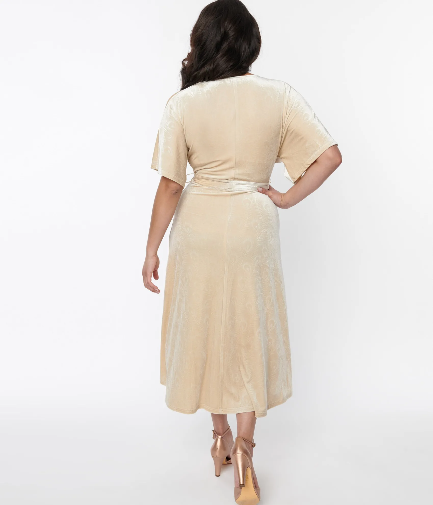 Unique Vintage 1970s Ivory Peacock Velvet Wrap Midi Dress Shop
