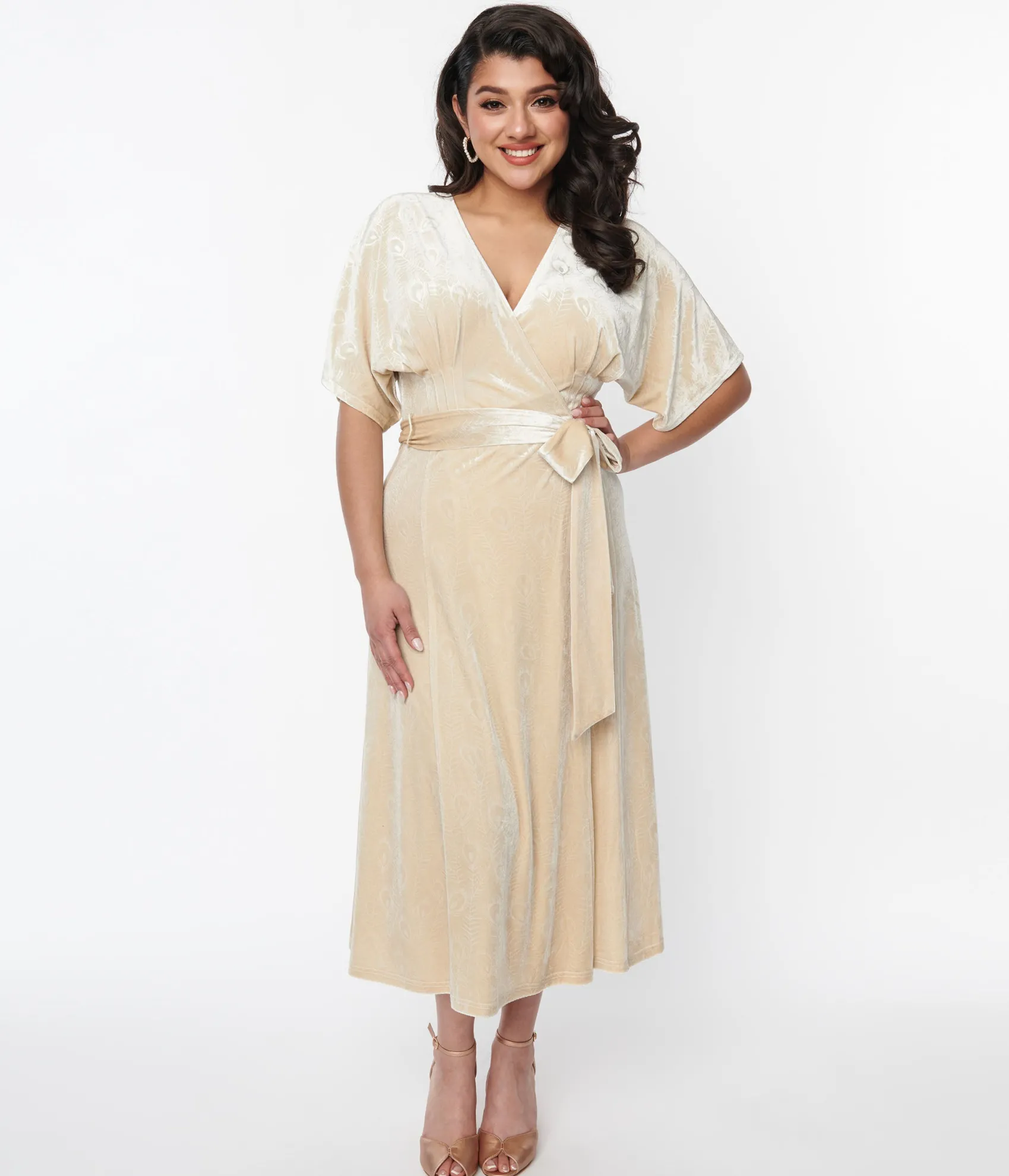 Unique Vintage 1970s Ivory Peacock Velvet Wrap Midi Dress Shop