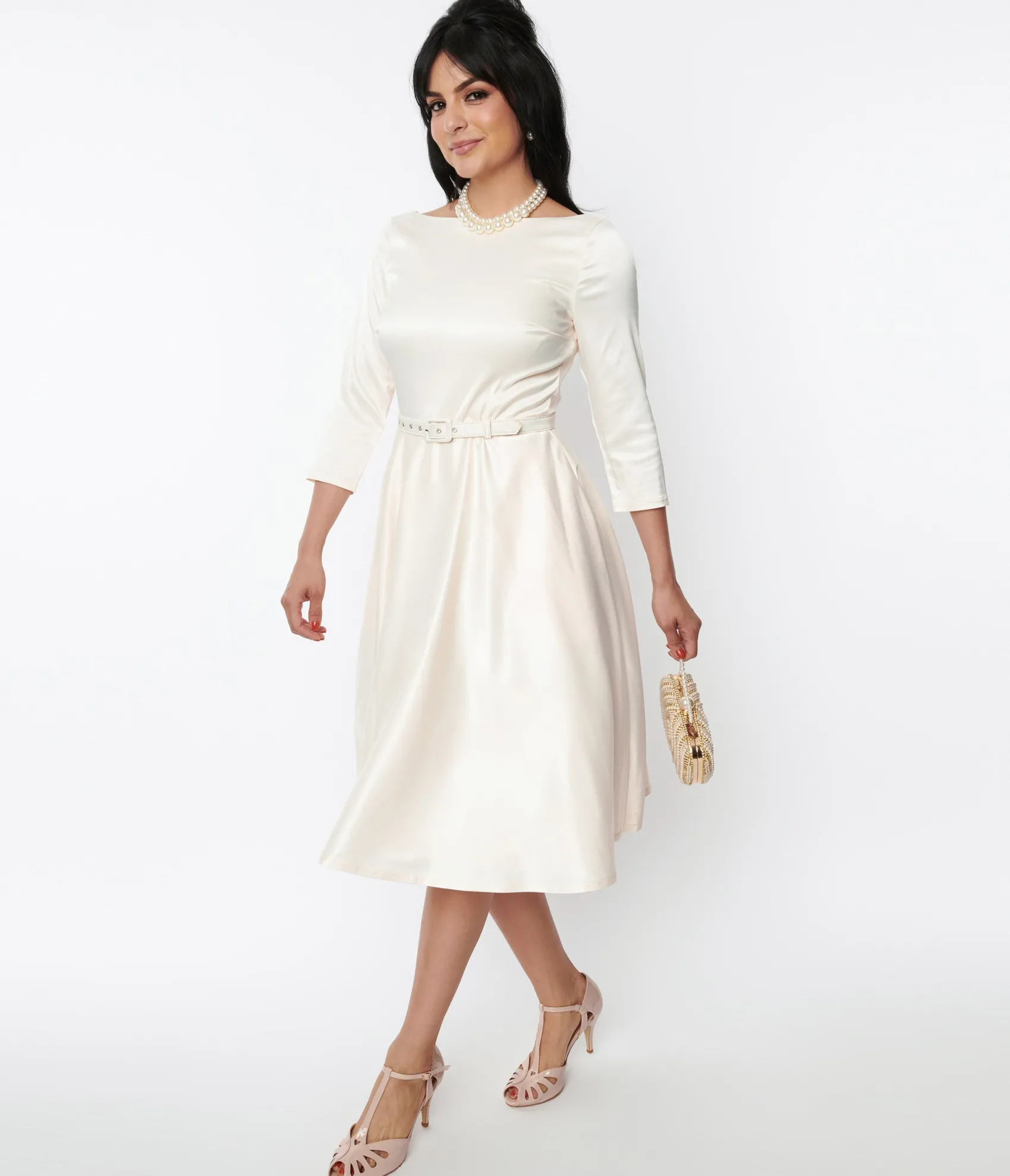 Unique Vintage 1950s Ivory Satin Devon Swing Dress Flash Sale