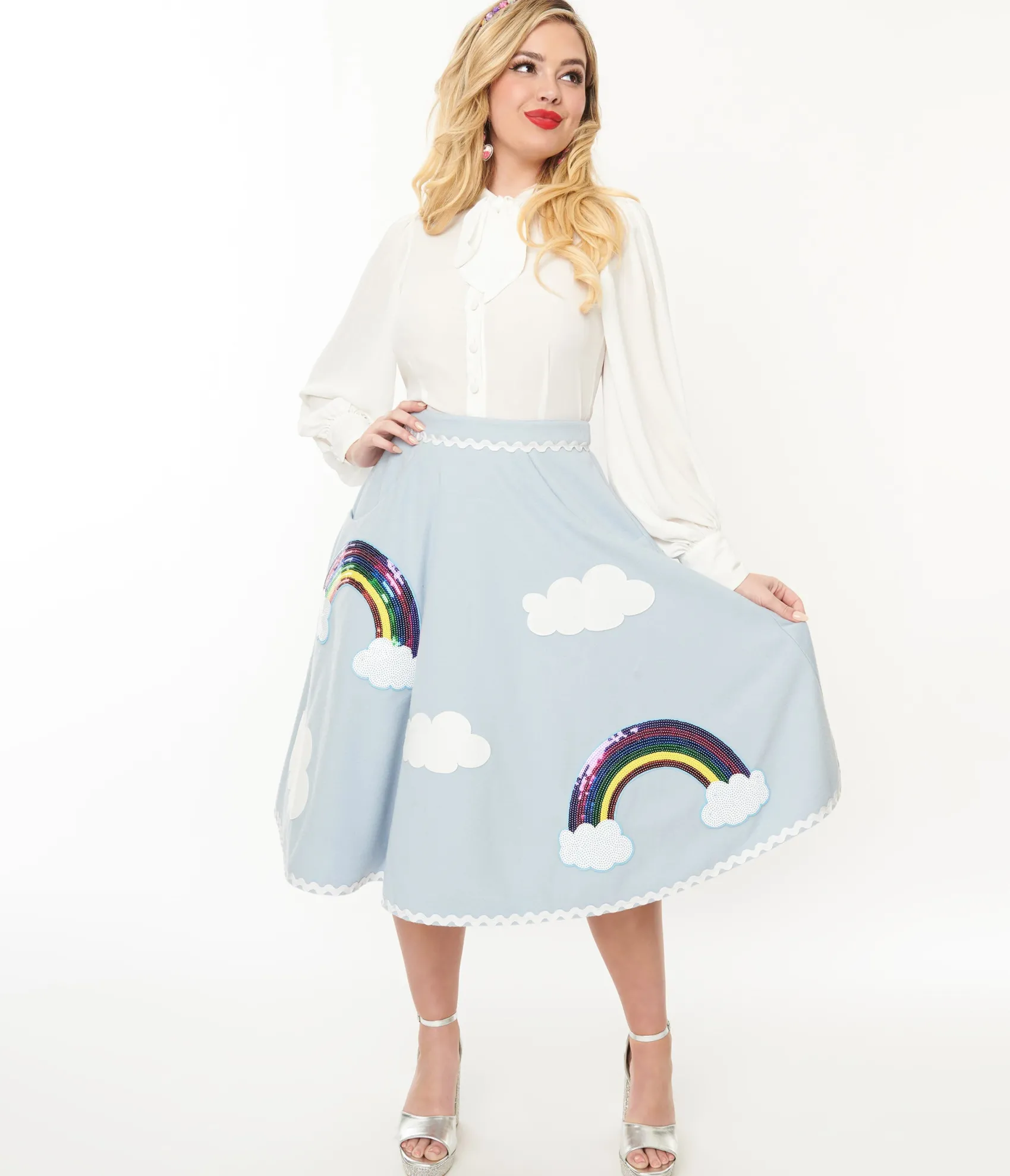 Unique Vintage 1950s Light Blue & Rainbow Sequin Soda Shop Swing Skirt Clearance