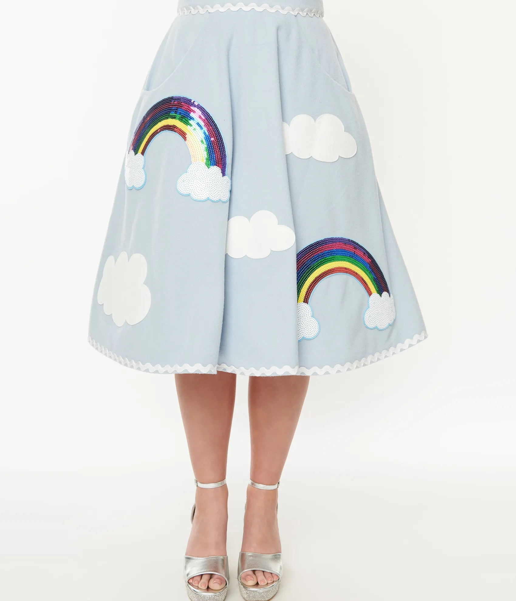 Unique Vintage 1950s Light Blue & Rainbow Sequin Soda Shop Swing Skirt Clearance
