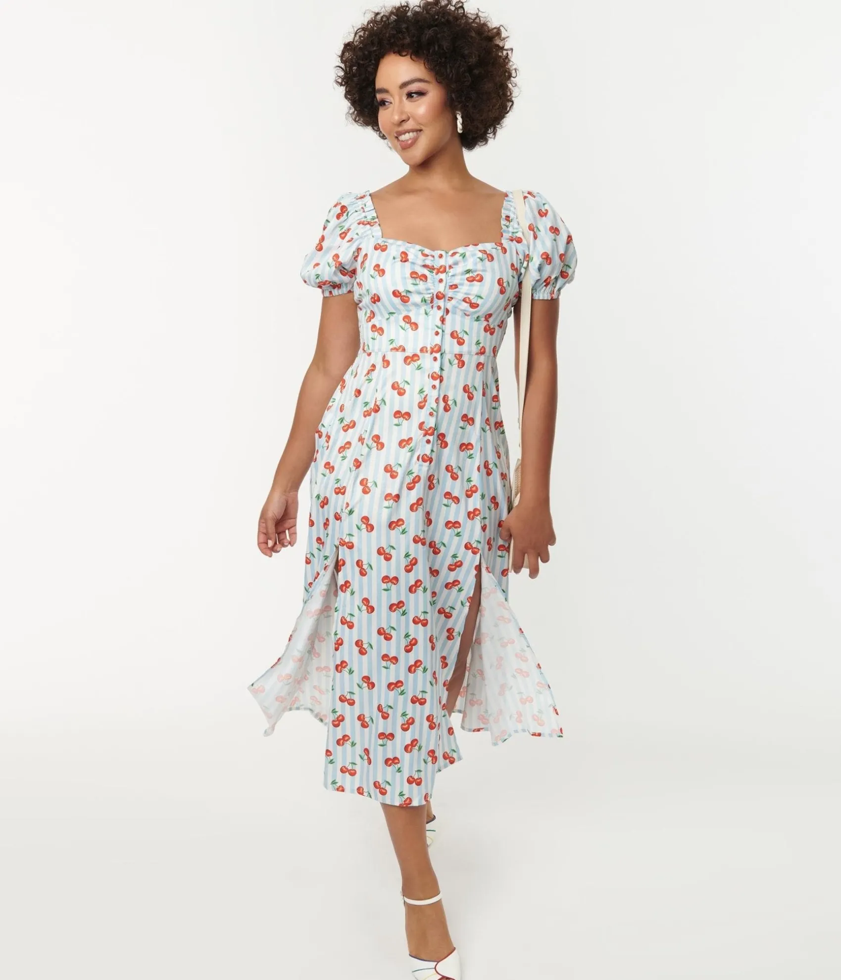 Unique Vintage 1940s Light Blue Stripe & Cherry Print Midi Dress Discount