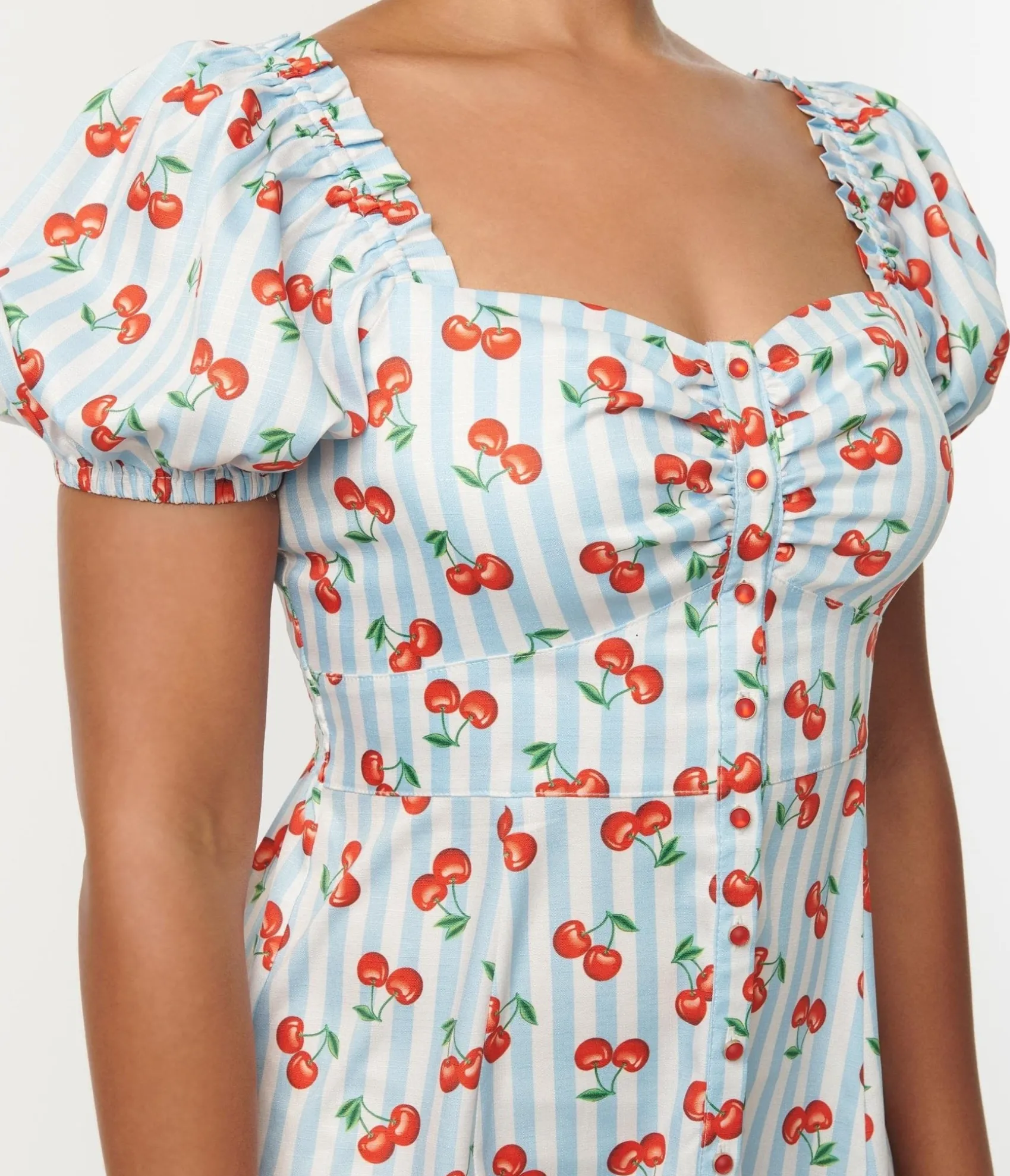 Unique Vintage 1940s Light Blue Stripe & Cherry Print Midi Dress Discount