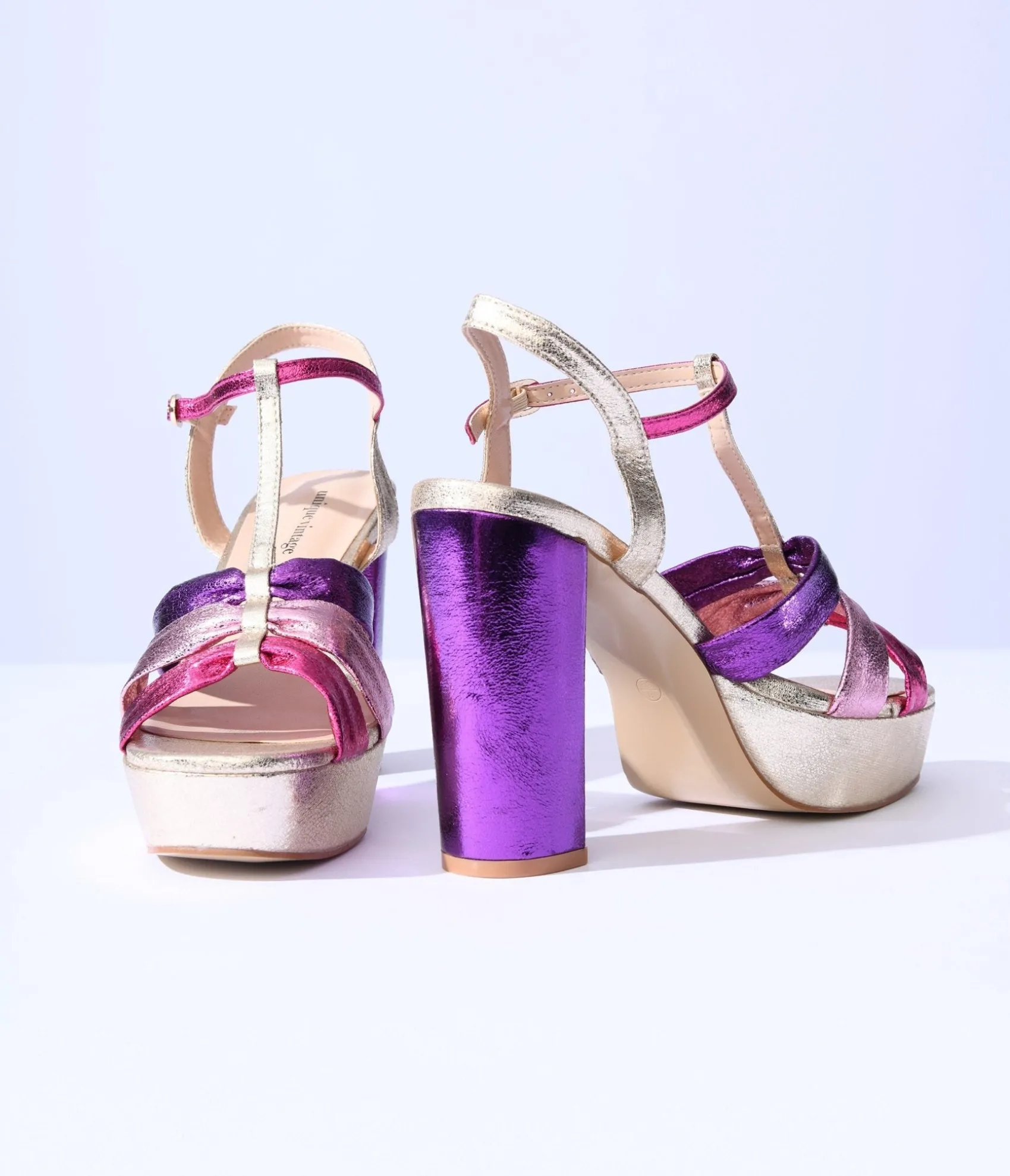 Unique Vintage 1970s Metallic Berry & Gold T-Strap Platform Heels Store