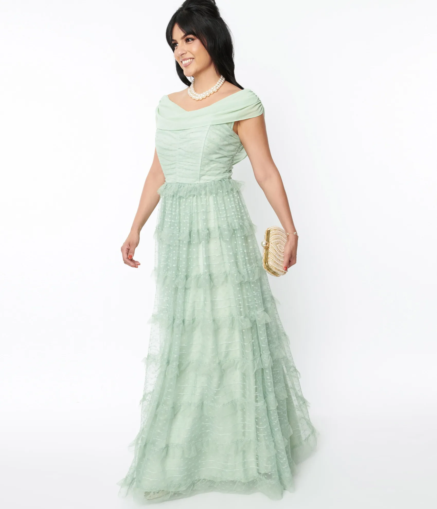 Unique Vintage 1950s Mint Green Clip Dot Off The Shoulder Cocktail Dress Outlet