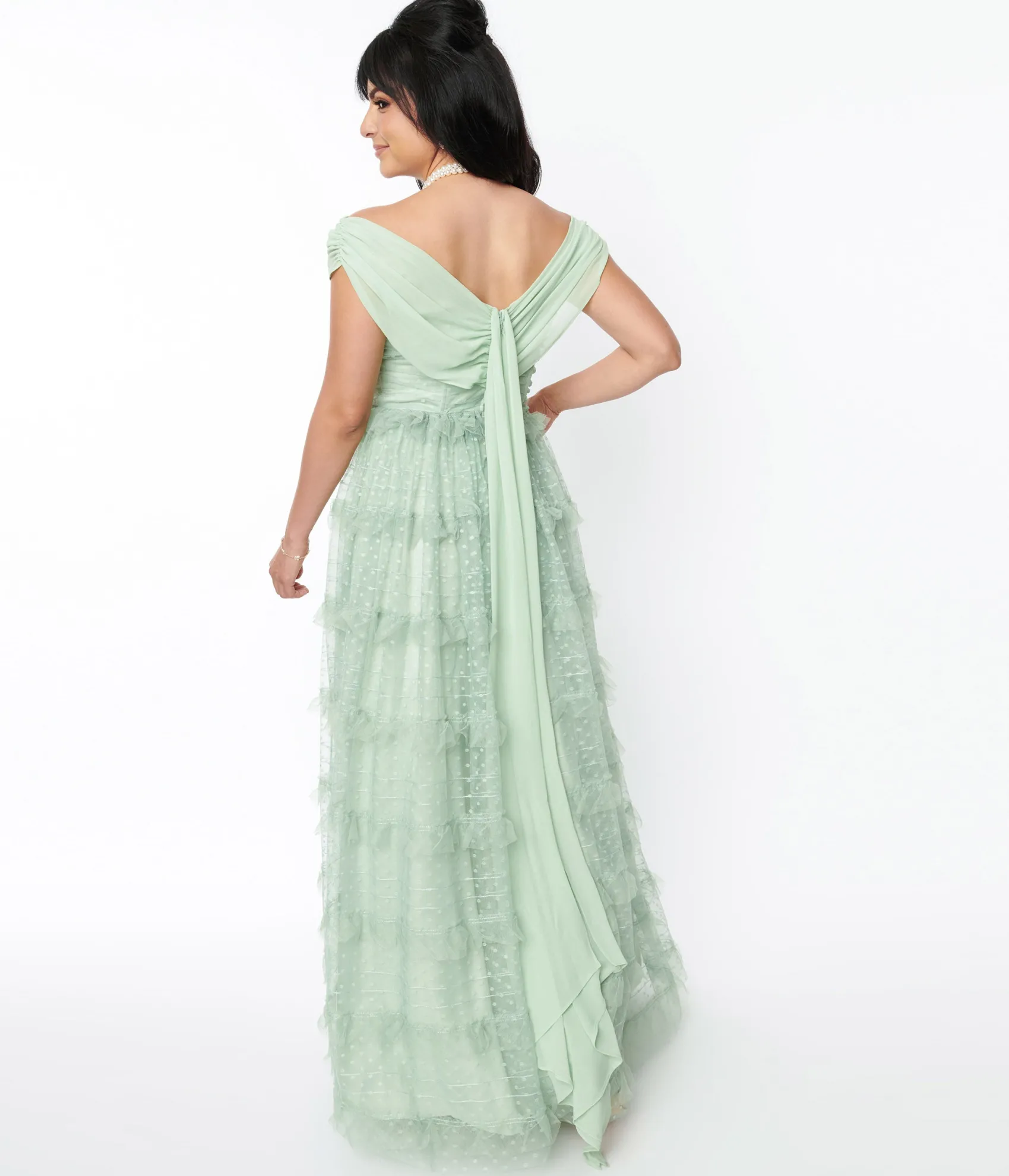 Unique Vintage 1950s Mint Green Clip Dot Off The Shoulder Cocktail Dress Outlet