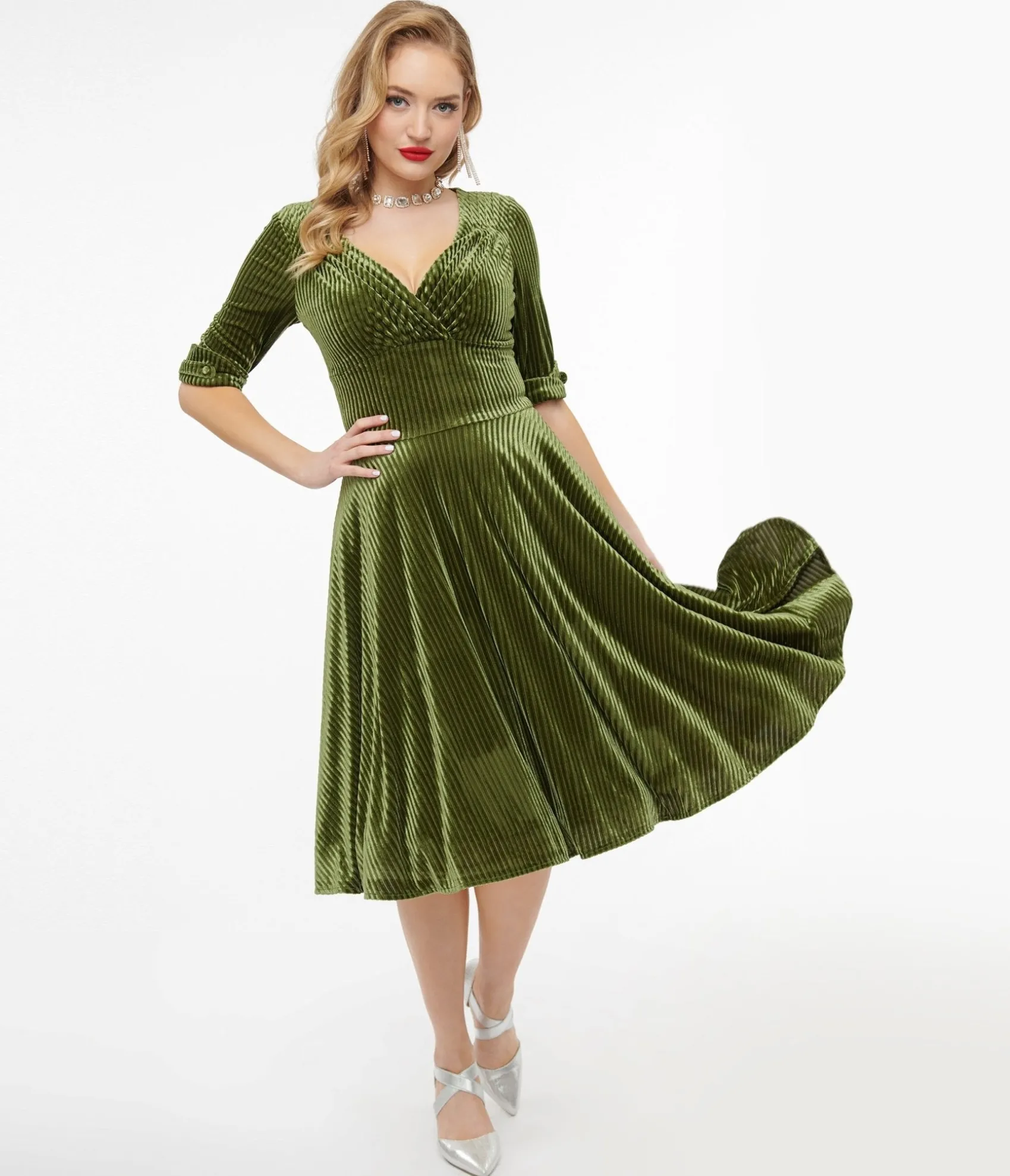 Unique Vintage 1950s Moss Green Velvet Delores Swing Dress Best