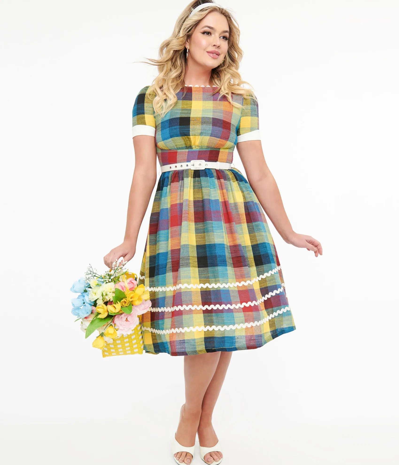 Unique Vintage 1950s Multicolor Plaid Cotton Swing Dress Discount