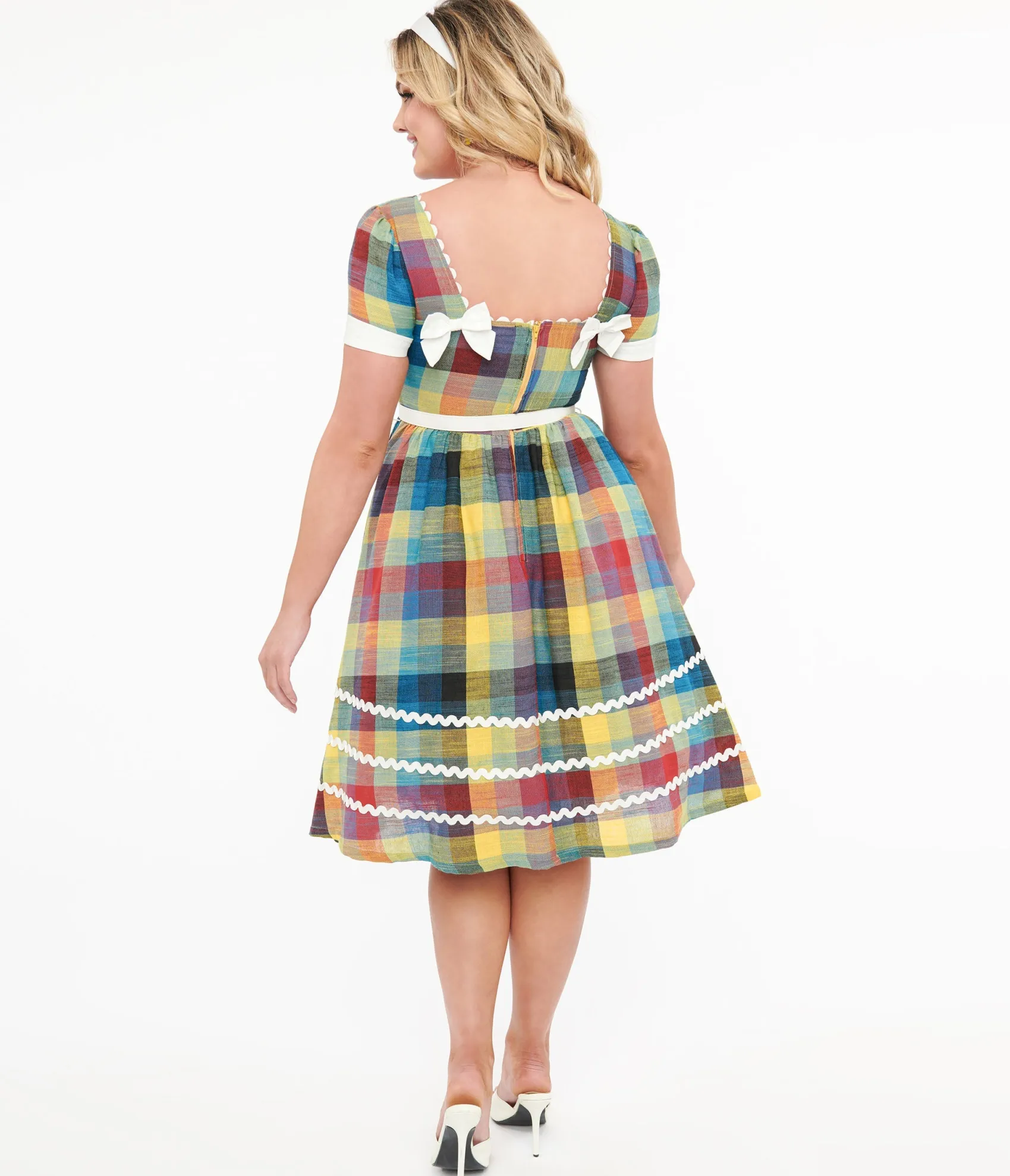 Unique Vintage 1950s Multicolor Plaid Cotton Swing Dress Discount
