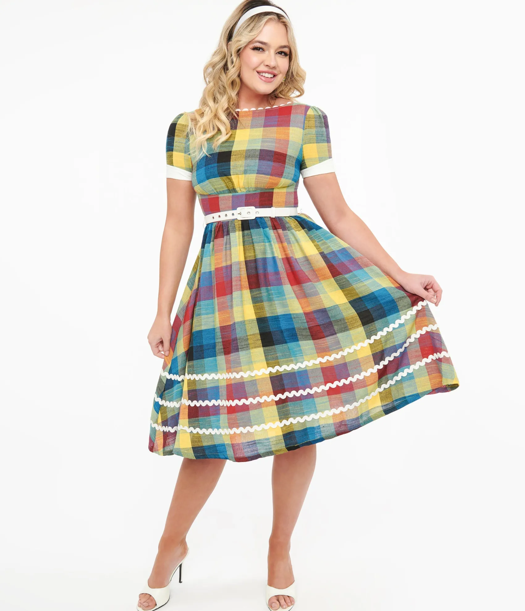 Unique Vintage 1950s Multicolor Plaid Cotton Swing Dress Discount