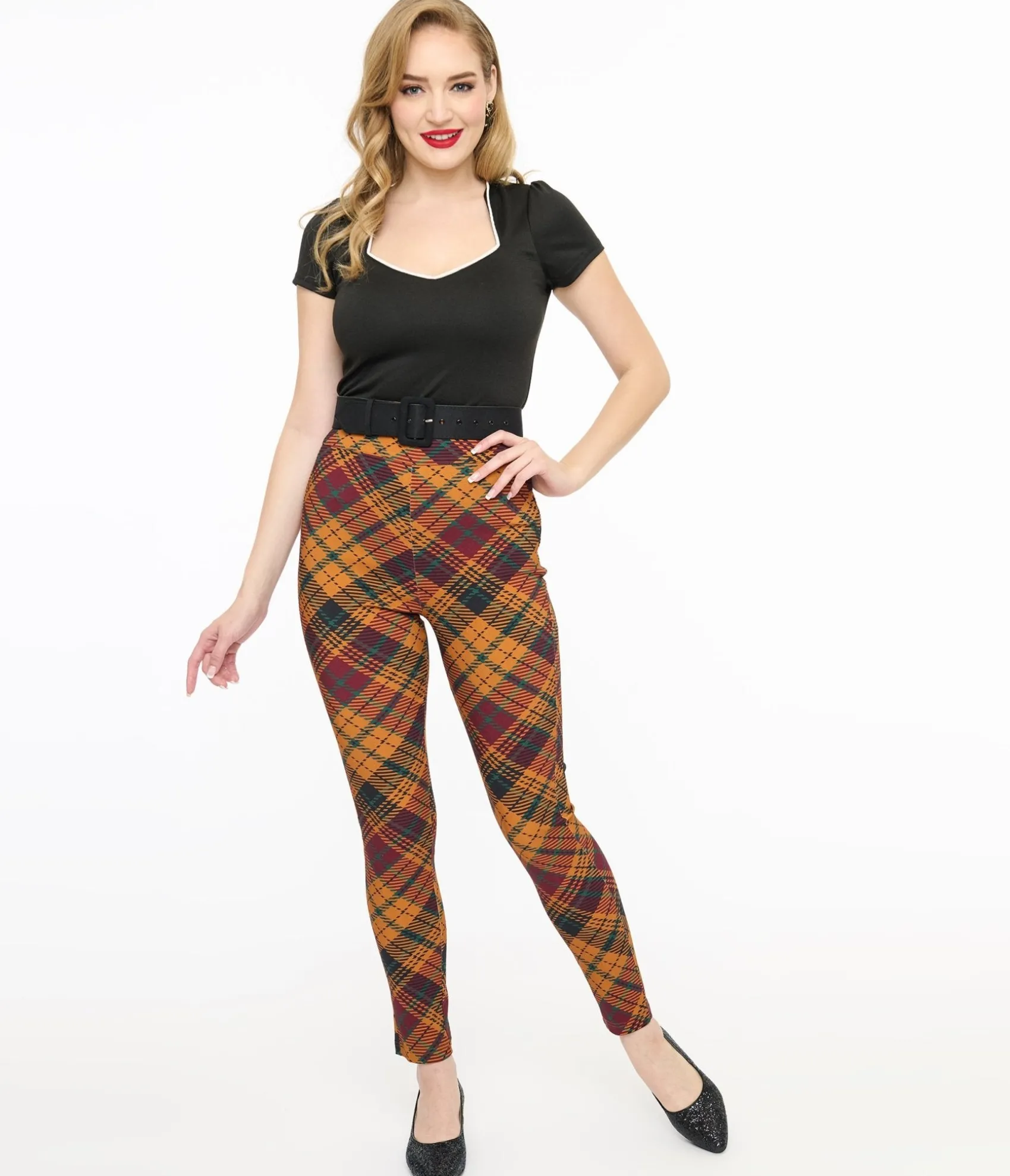 Unique Vintage 1960s Mustard & Burgundy Plaid High Waist Cigarette Pants Best Sale