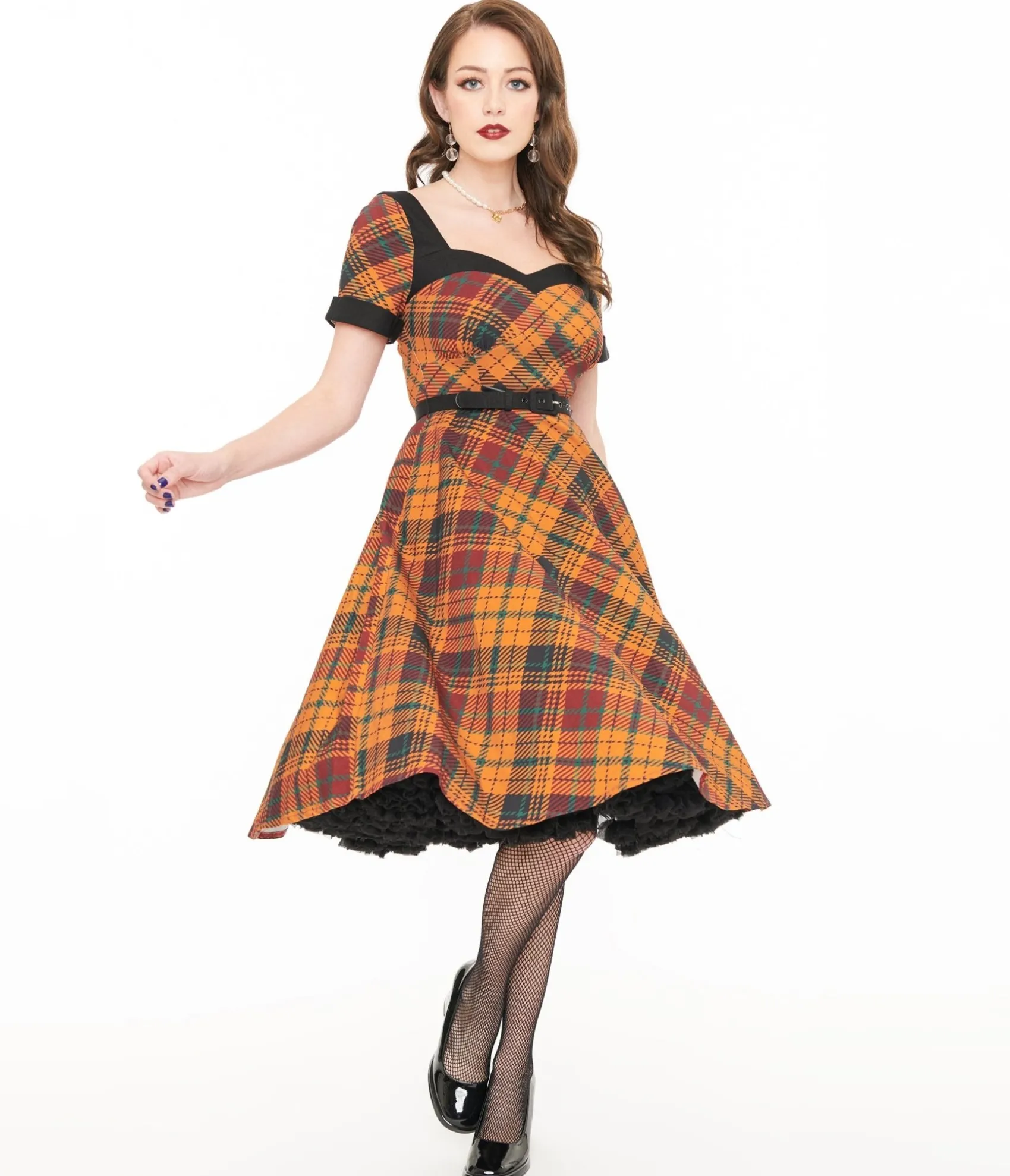 Unique Vintage 1950s Mustard Yellow & Burgundy Plaid Swing Dress Cheap