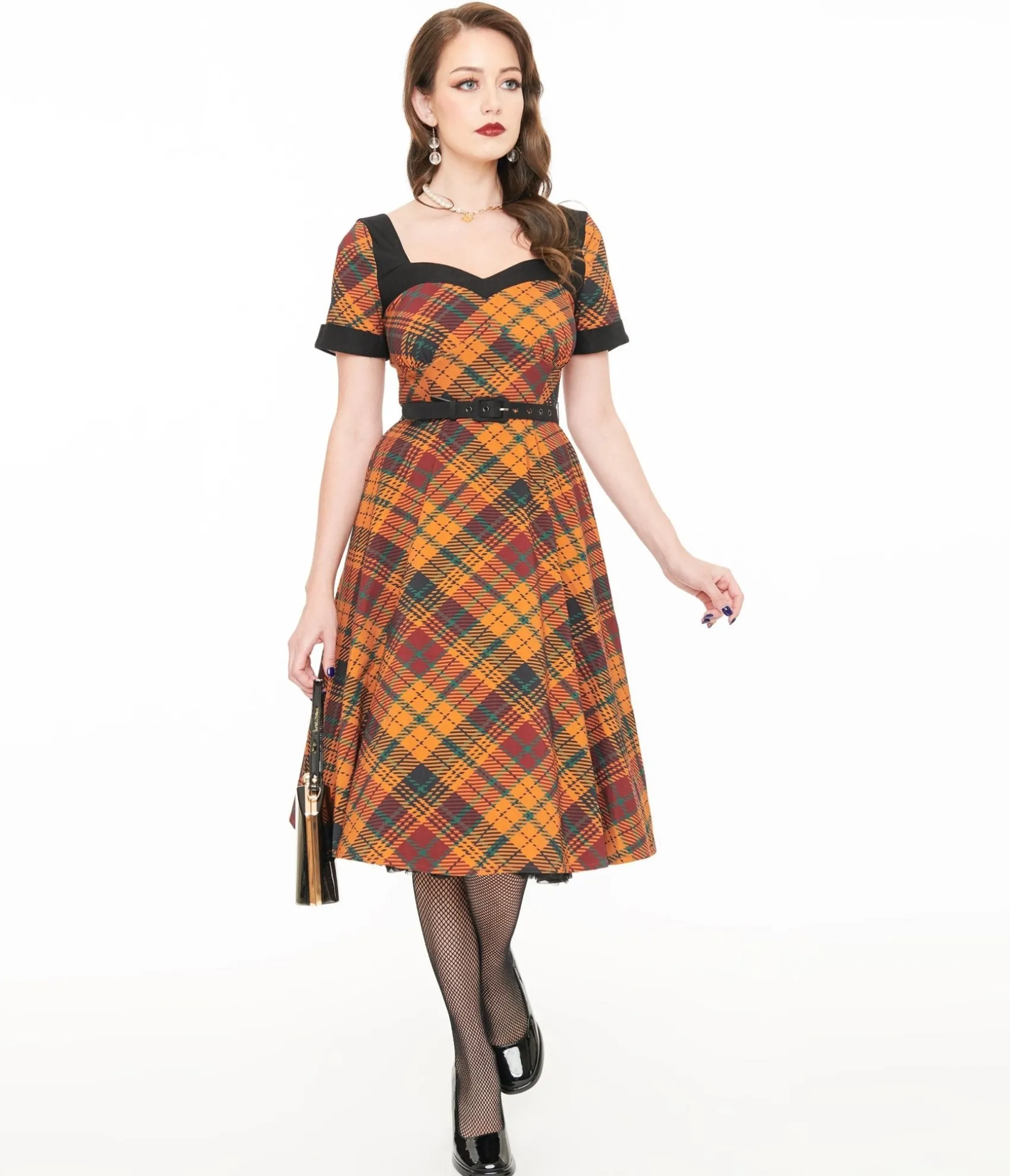 Unique Vintage 1950s Mustard Yellow & Burgundy Plaid Swing Dress Cheap