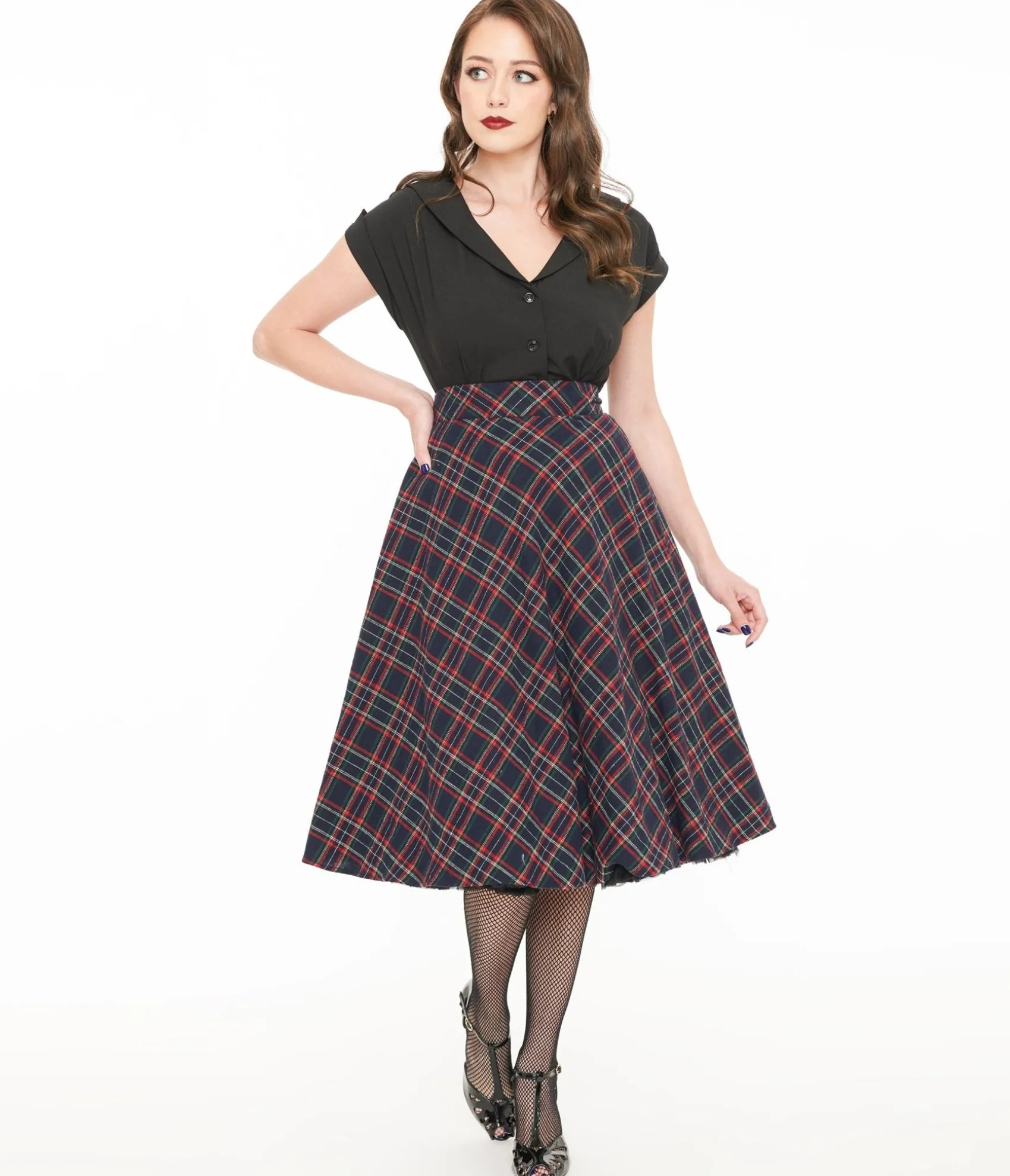 Unique Vintage 1950s Navy & Green Plaid High Waist Vivien Swing Skirt Best